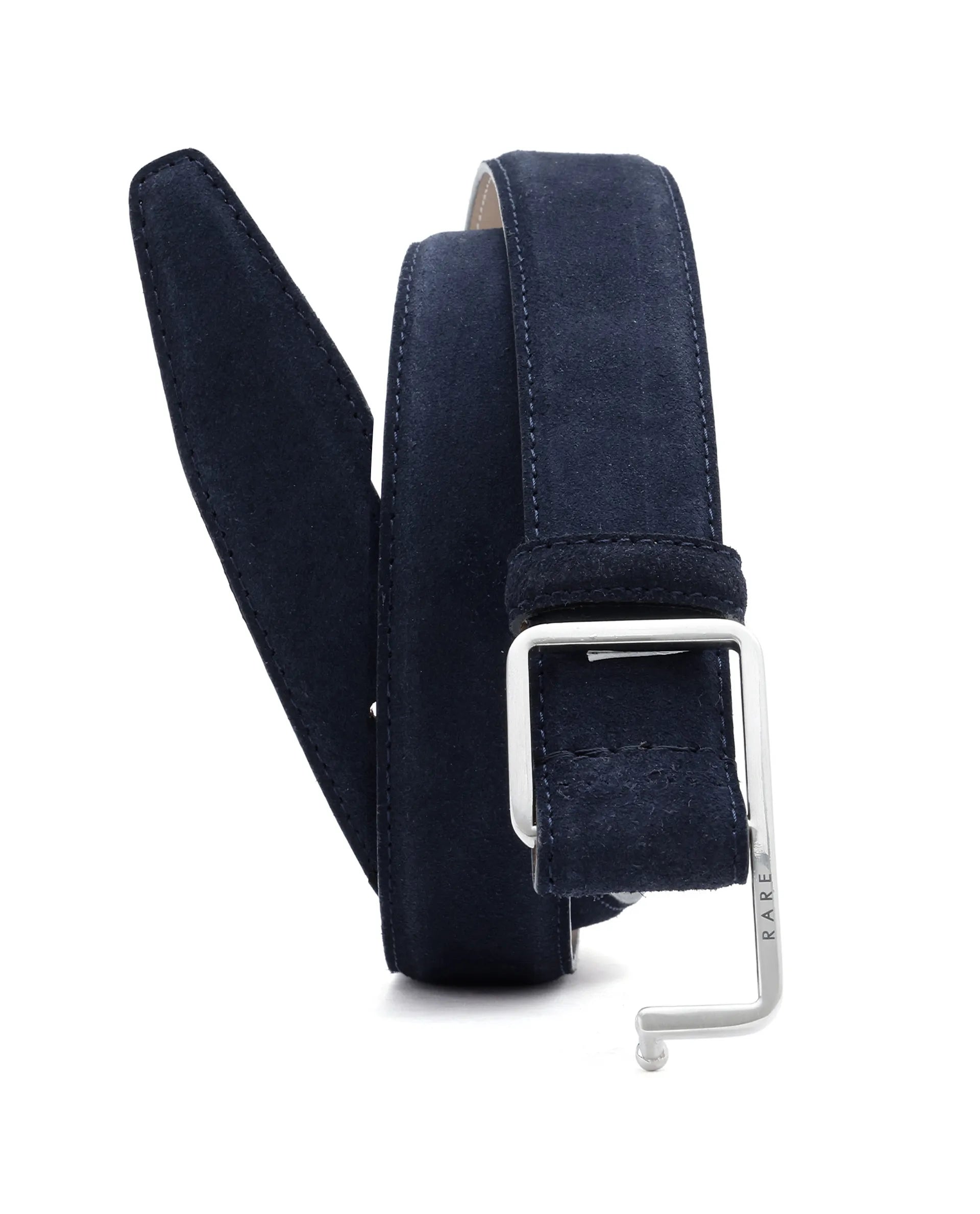 Rare Rabbit Men's Hedvig Blue Non-Reversible Push Ball Pin Buckle Suede Leather Belt