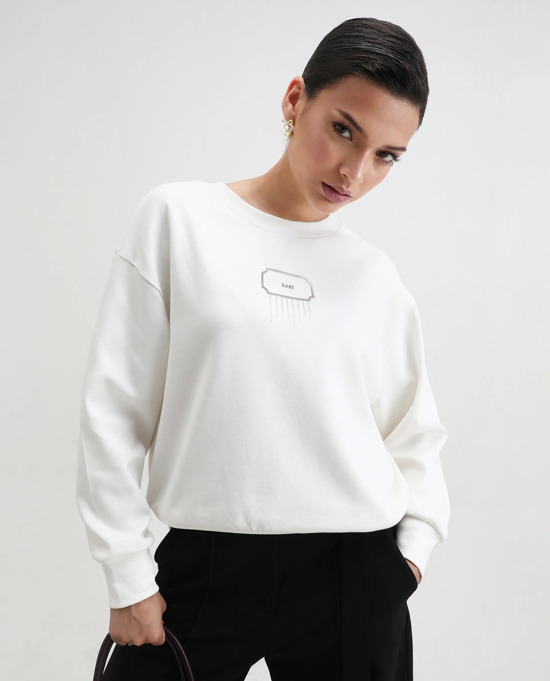 Rareism Women's Hefko Off White Cotton Blend Crew Neck Relaxed Fit Graphic Print Sweatshirt