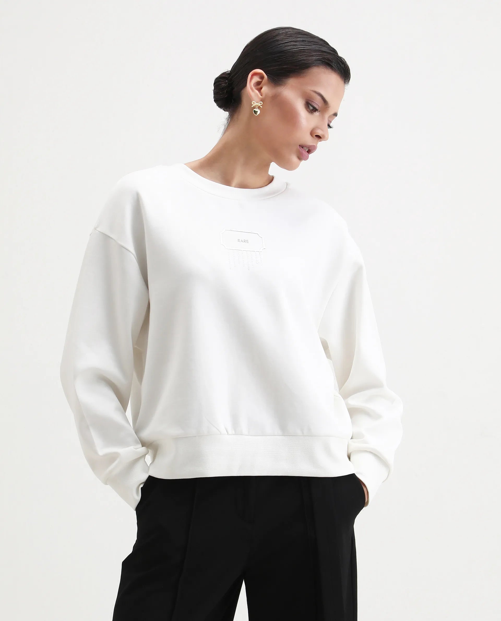Rareism Women's Hefko Off White Cotton Blend Crew Neck Relaxed Fit Graphic Print Sweatshirt