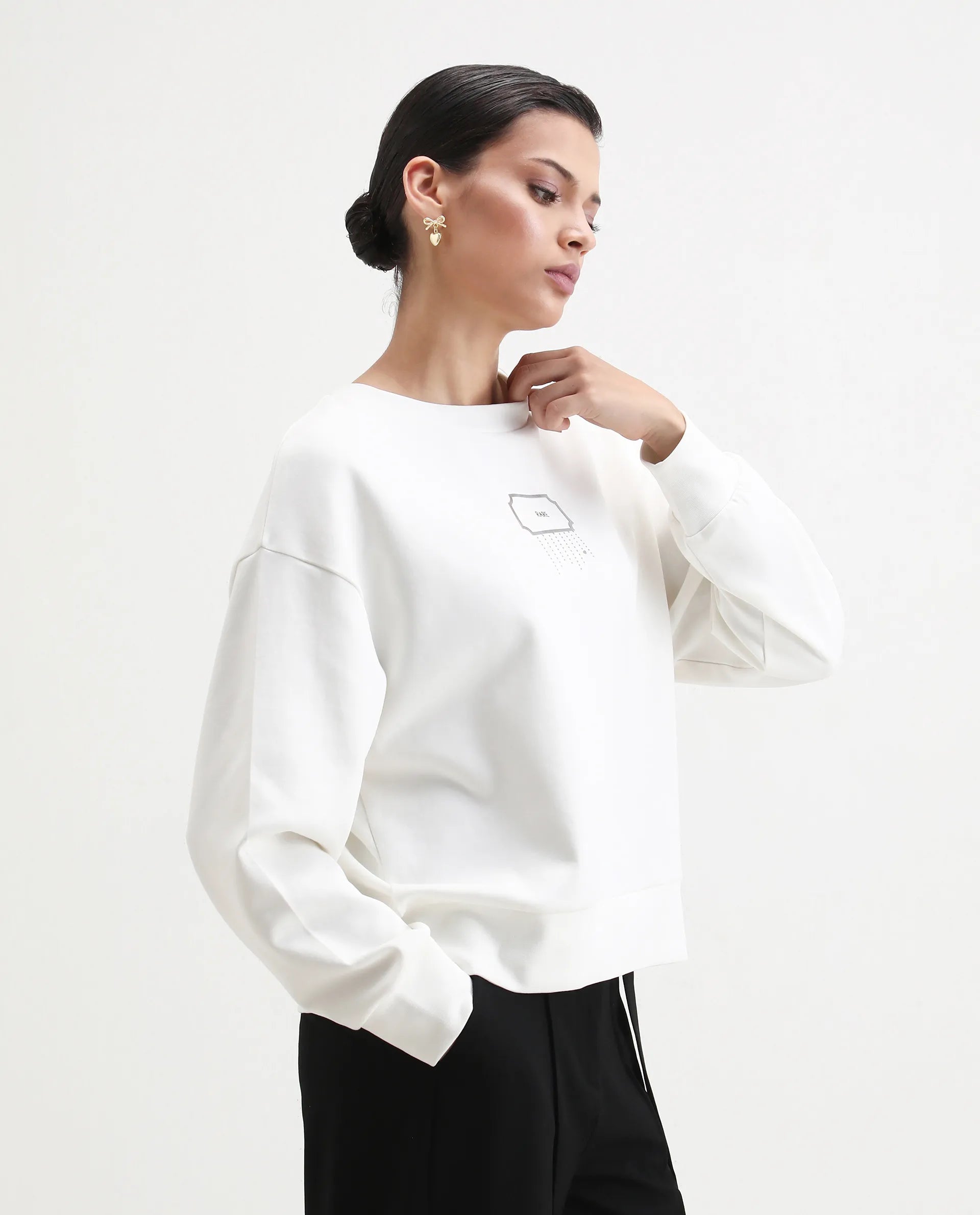 Rareism Women's Hefko Off White Cotton Blend Crew Neck Relaxed Fit Graphic Print Sweatshirt