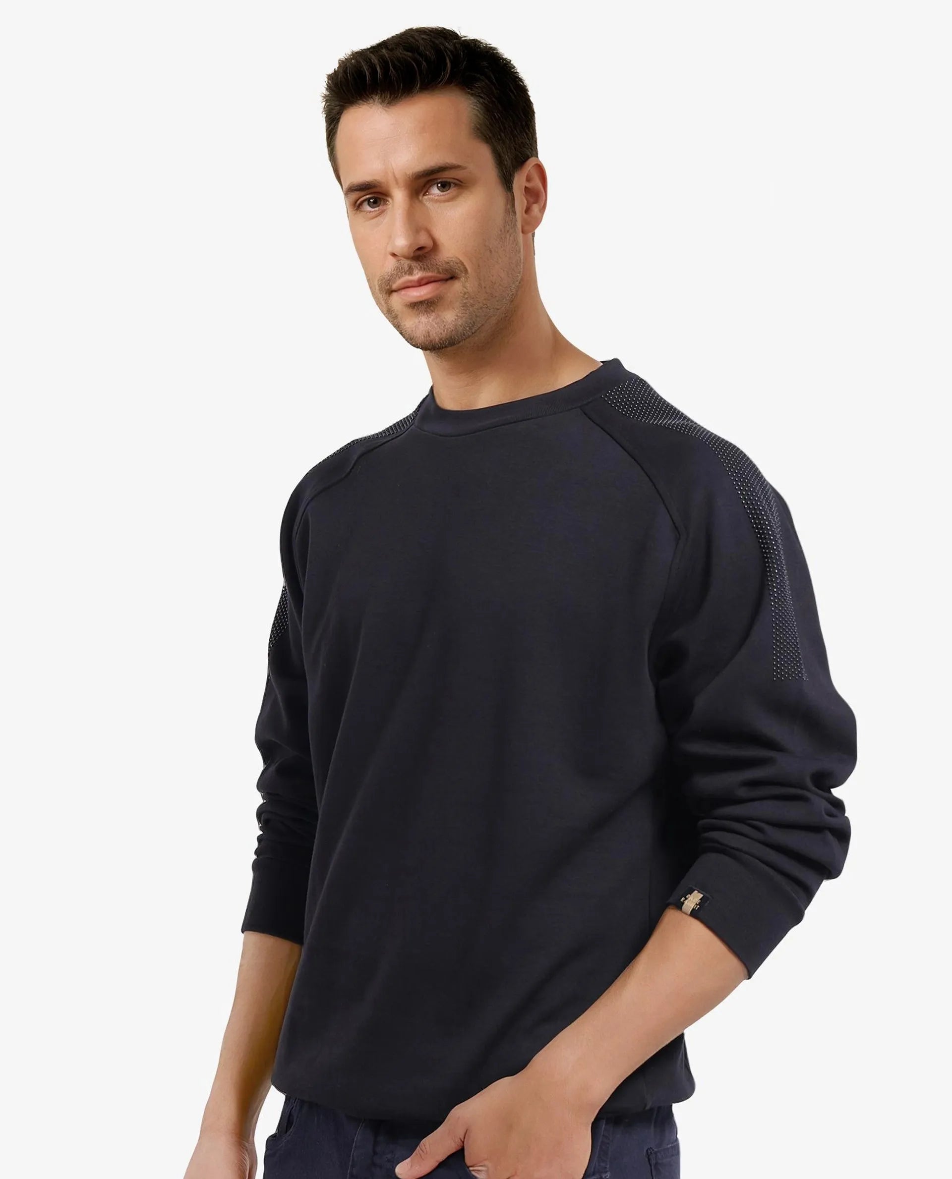 Rare Rabbit Men Heg Black Cotton Poly Fabric Studded Full Sleeve Crew Neck Plain Sweatshirt