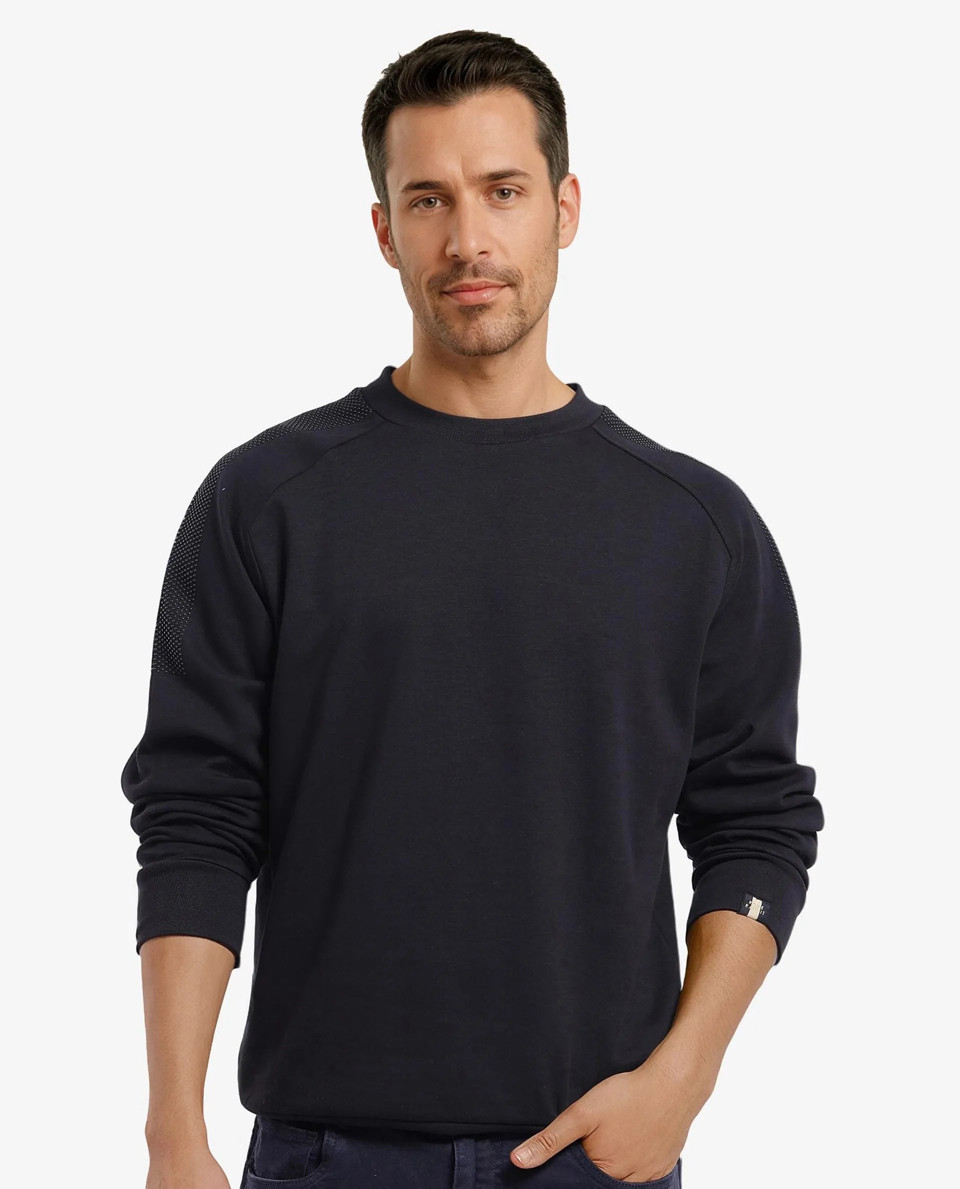 Rare Rabbit Men Heg Black Cotton Poly Fabric Studded Full Sleeve Crew Neck Plain Sweatshirt