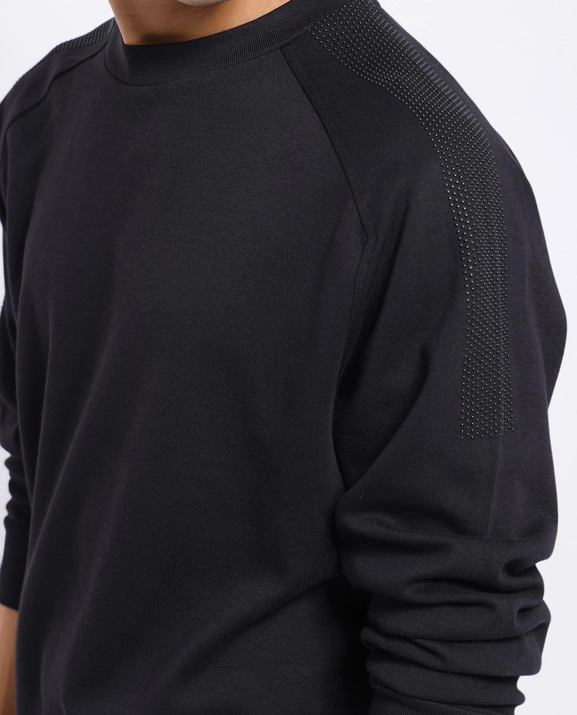 Rare Rabbit Men Heg Black Cotton Poly Fabric Studded Full Sleeve Crew Neck Plain Sweatshirt