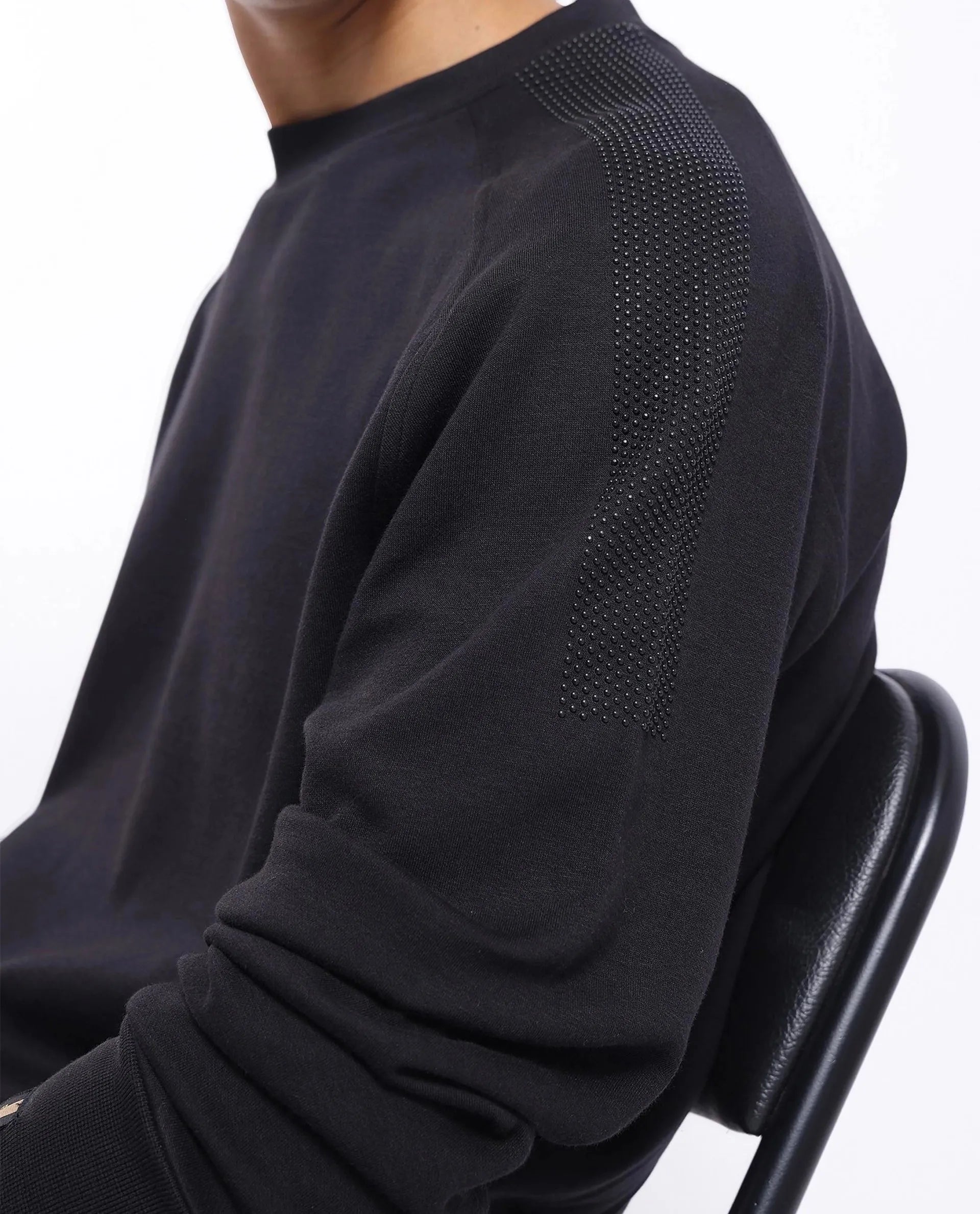 Rare Rabbit Men Heg Black Cotton Poly Fabric Studded Full Sleeve Crew Neck Plain Sweatshirt
