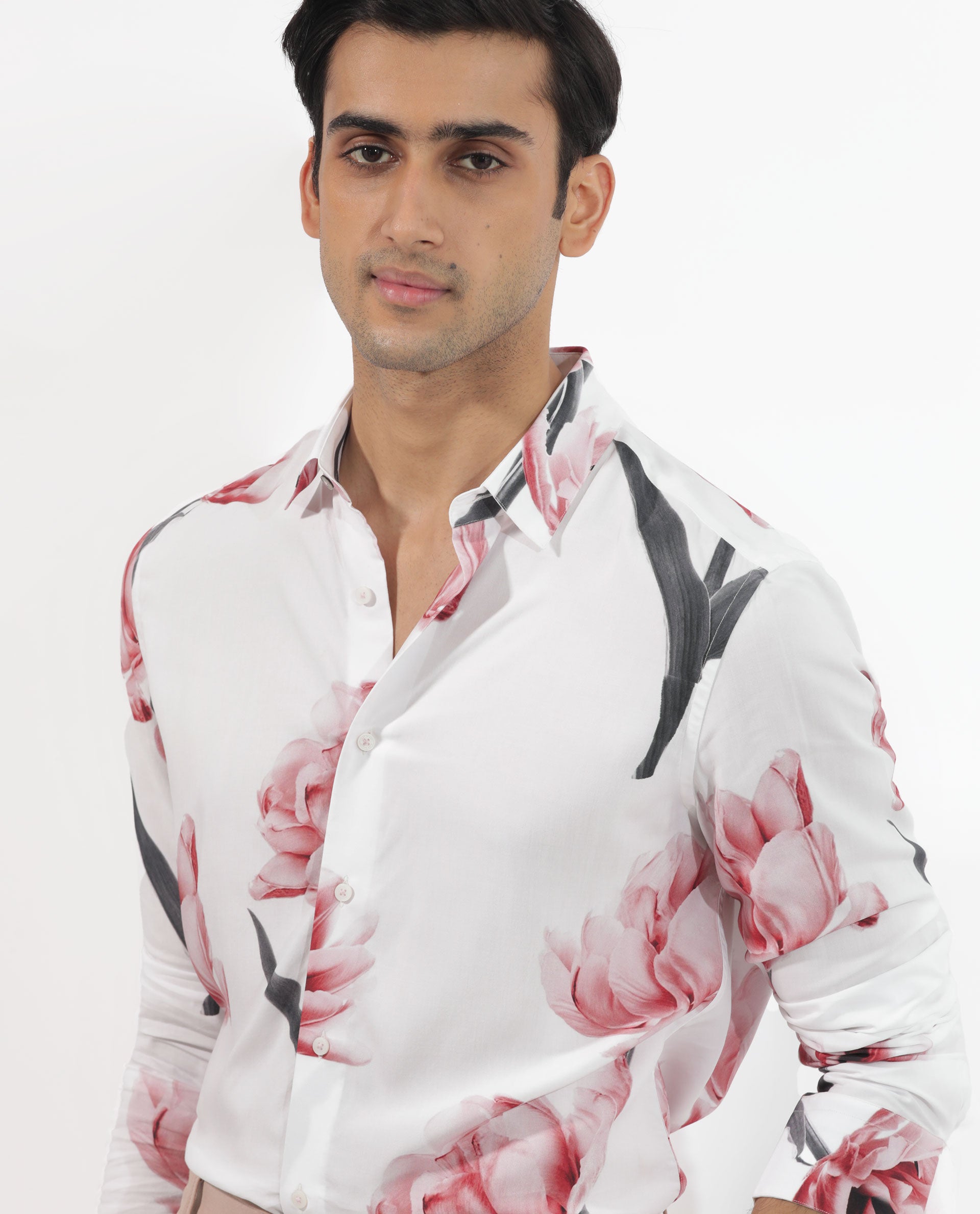 Rare Rabbit Mens Hegda White Viscose Fabric Full Sleeves Boxy Fit Floral Print Shirt