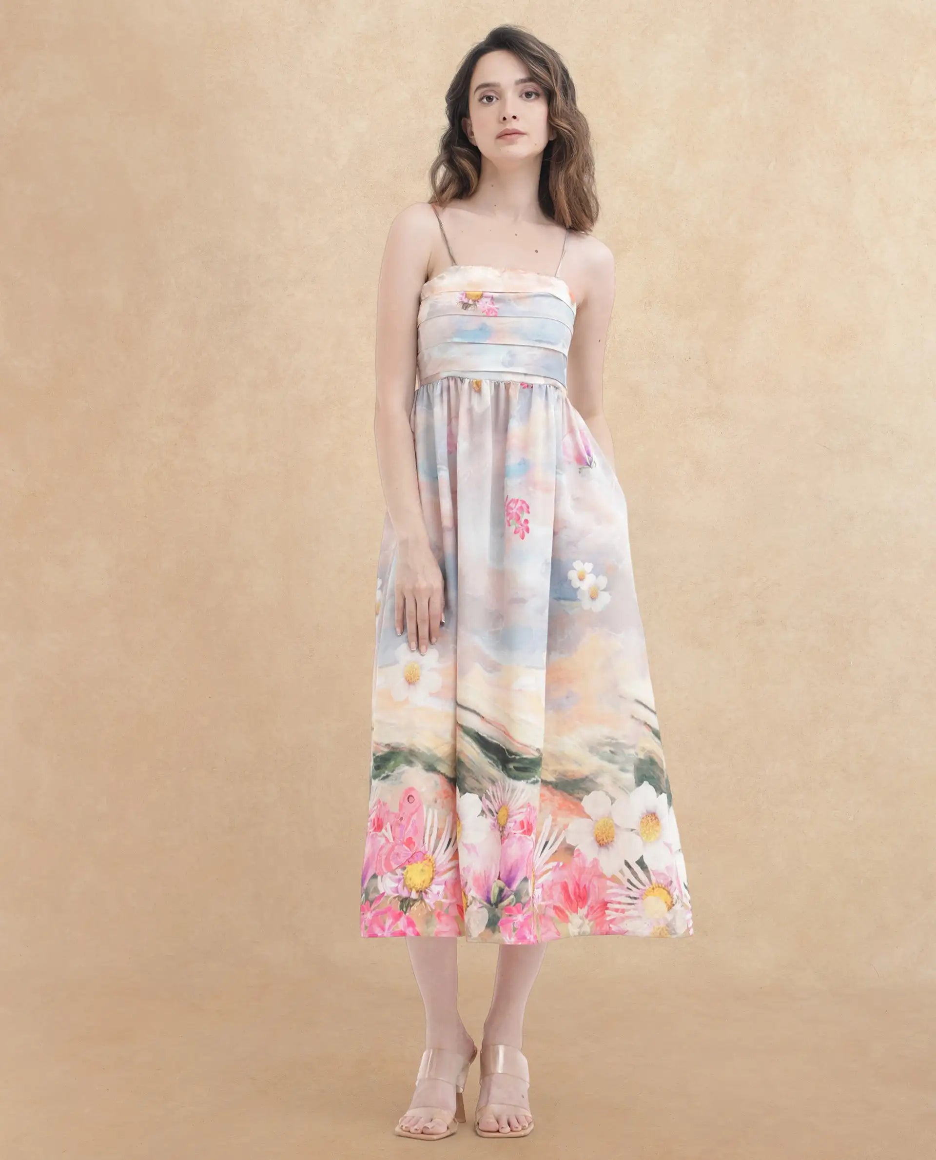 Rareism Women's Heidi Multi Viscose Blend Shoulder Strap Floral Print Shoulder Strap Midi Fit And Flare Dress