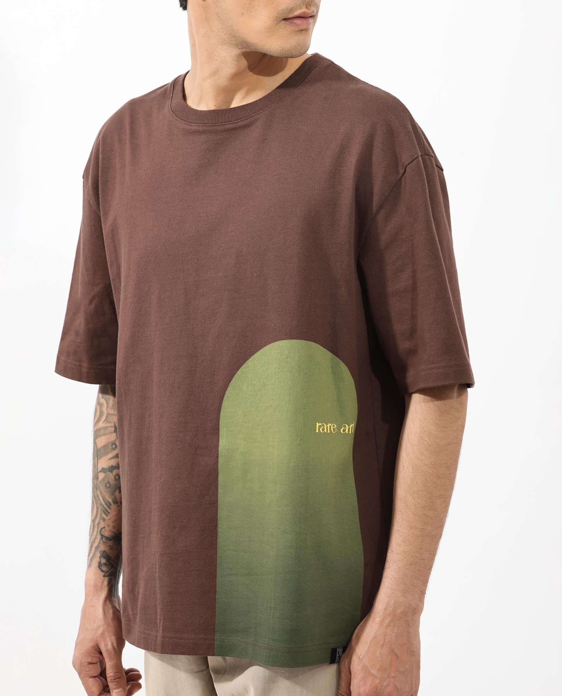 Rare Rabbit Articale Men's Heimer Brown Cotton Polyester Fabric Crew Neck Oversized Fit Knit Botanical Print T-Shirt