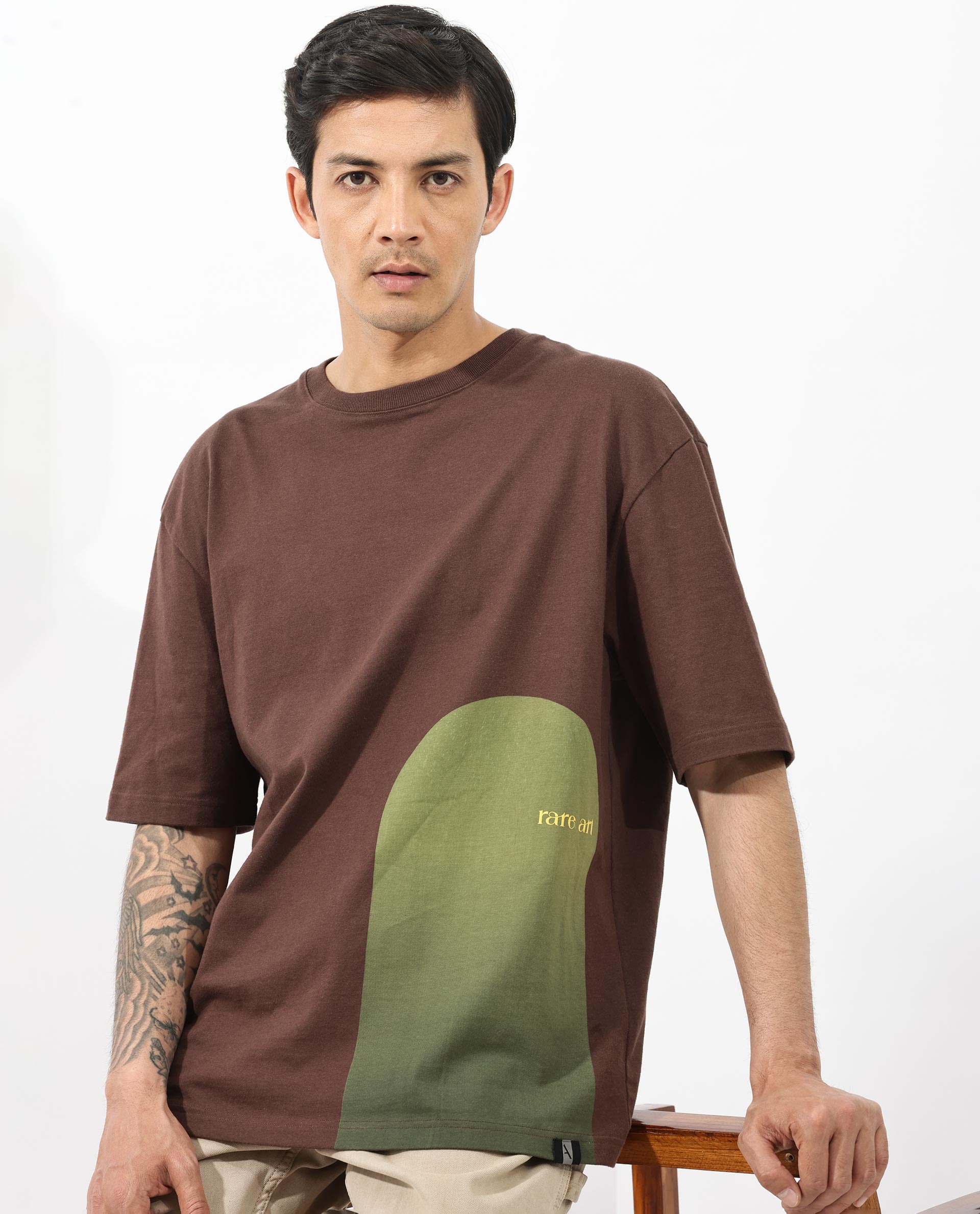 Rare Rabbit Articale Men's Heimer Brown Cotton Polyester Fabric Crew Neck Oversized Fit Knit Botanical Print T-Shirt