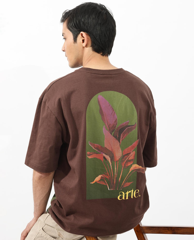 Rare Rabbit Articale Men's Heimer Brown Cotton Polyester Fabric Crew Neck Oversized Fit Knit Botanical Print T-Shirt