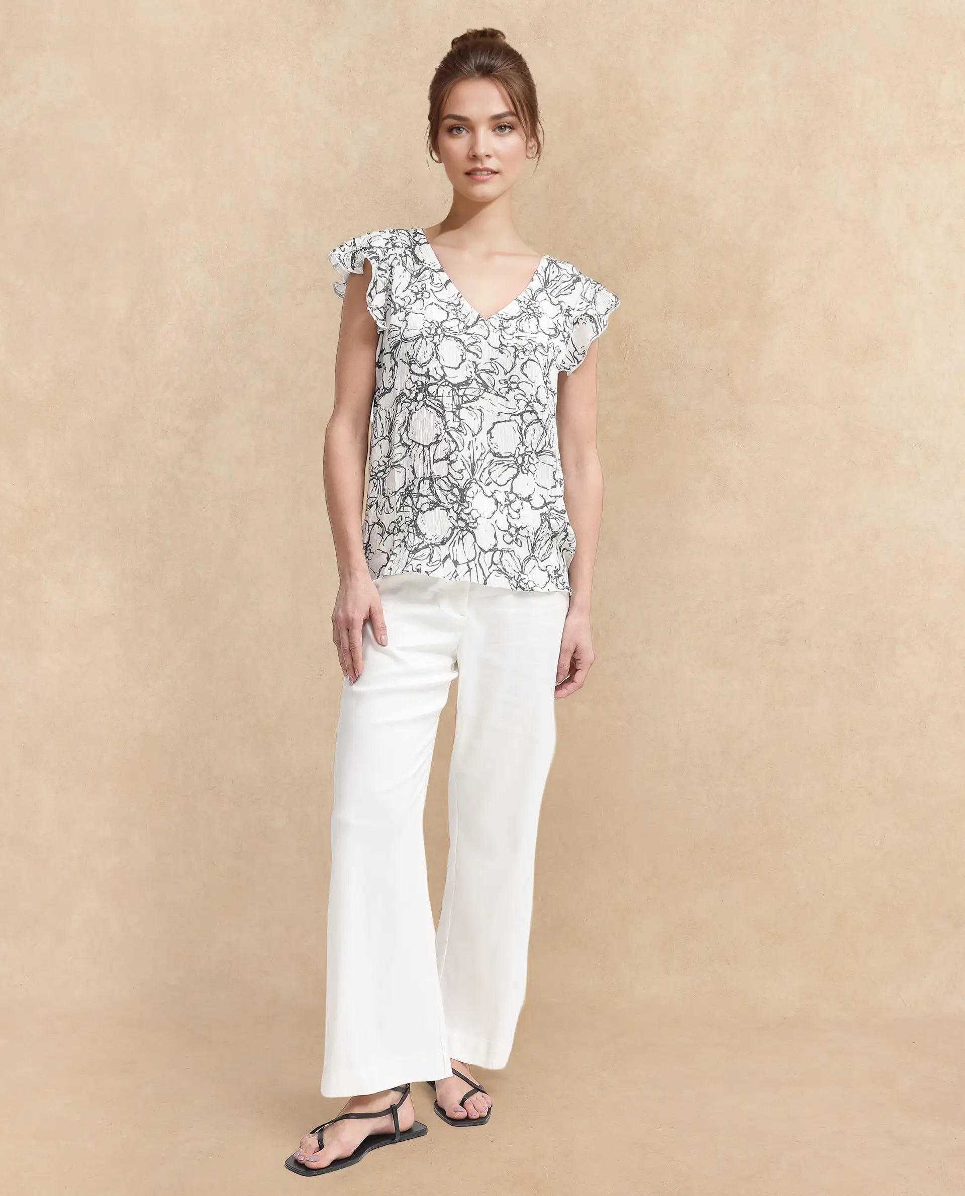 Rareism Women Helene-SC Light Ecru Viscose Ruffled Sleeves V-Neck Abstract Print Top