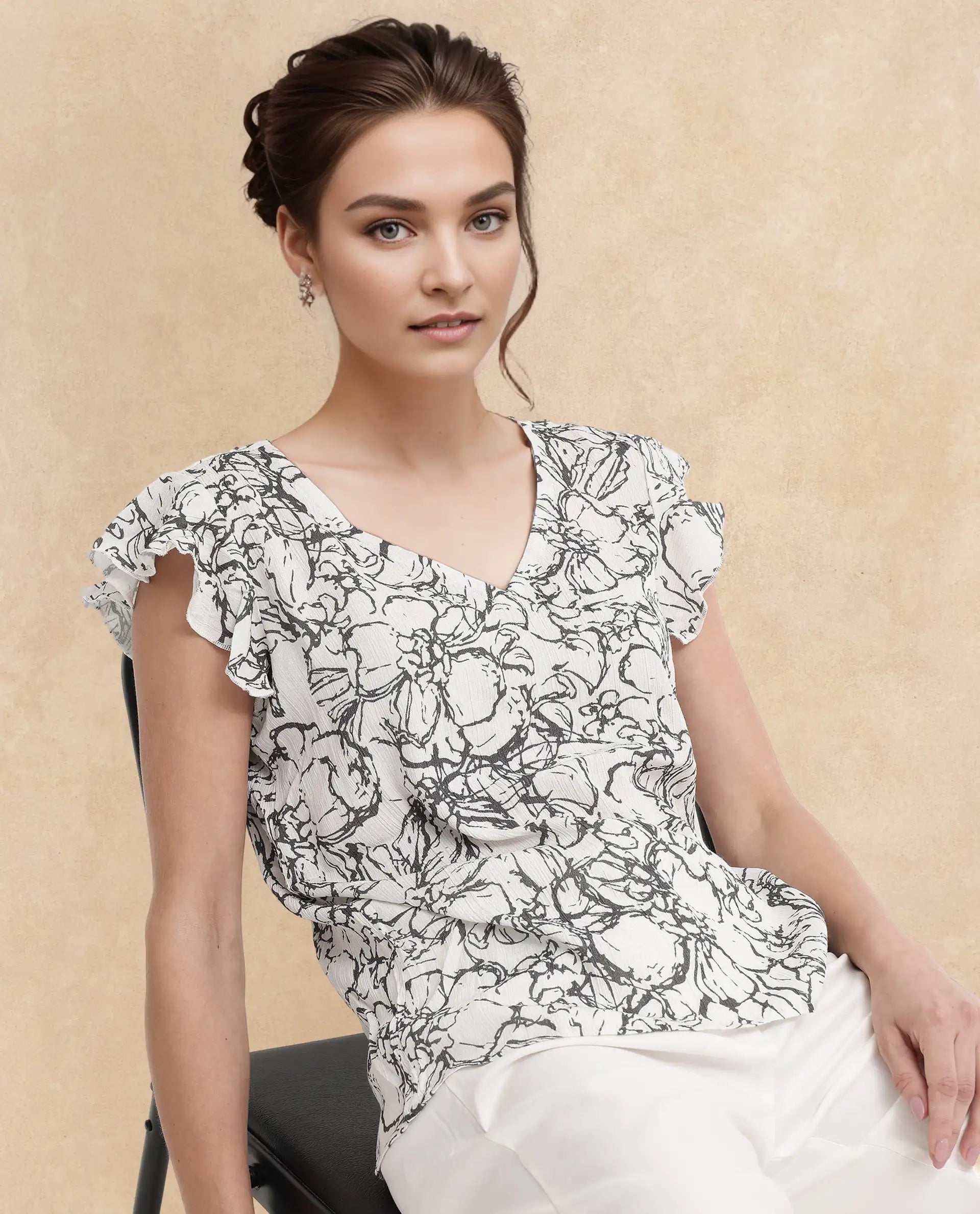 Rareism Women Helene-SC Light Ecru Viscose Ruffled Sleeves V-Neck Abstract Print Top