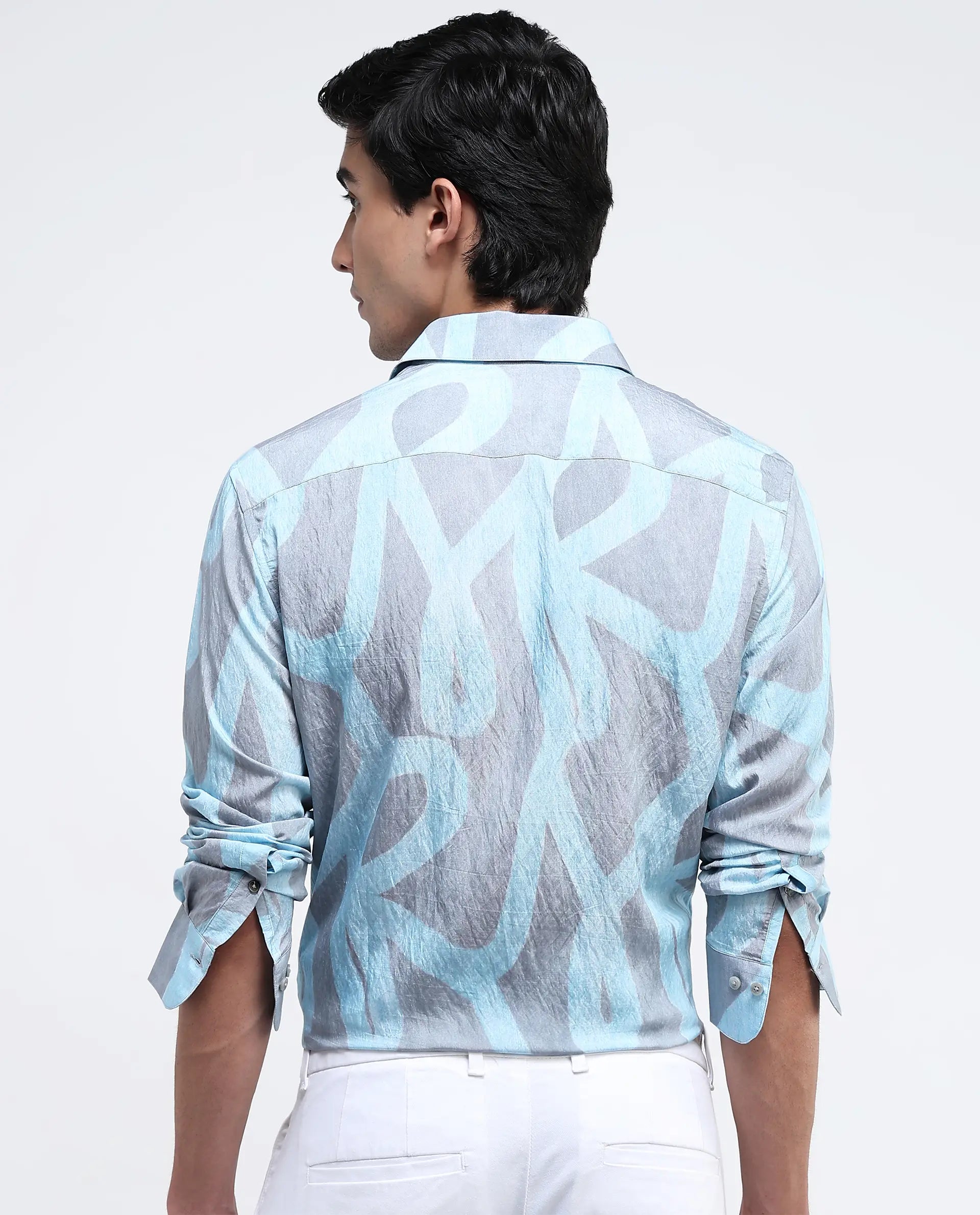 Rare Rabbit Men Helg Pastel Blue Full Sleeve Regular Fit Abstract Print Shirt