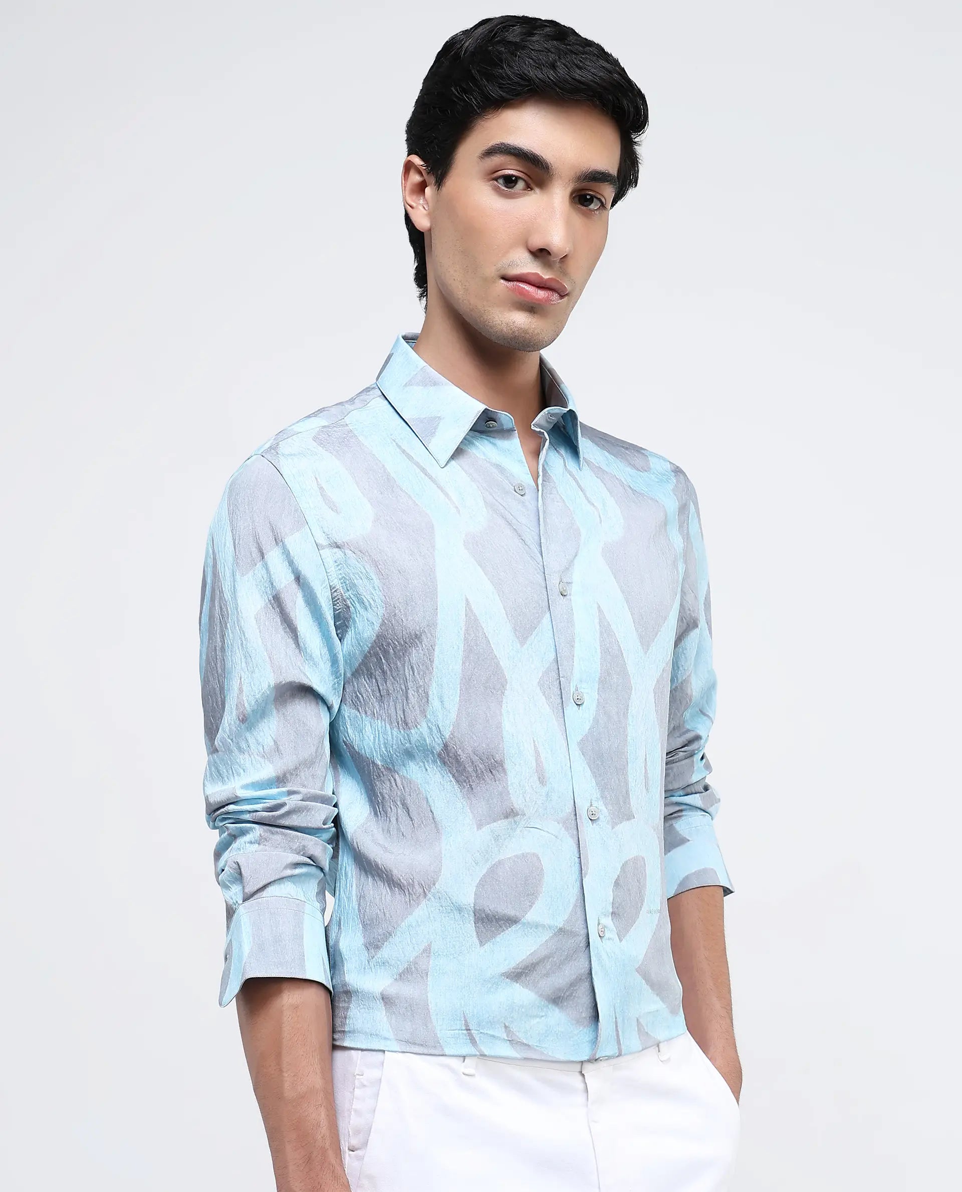 Rare Rabbit Men's Helg Pastel Blue Viscose Blend Abstract Print Regular Fit Full Sleeve Collared Shirt