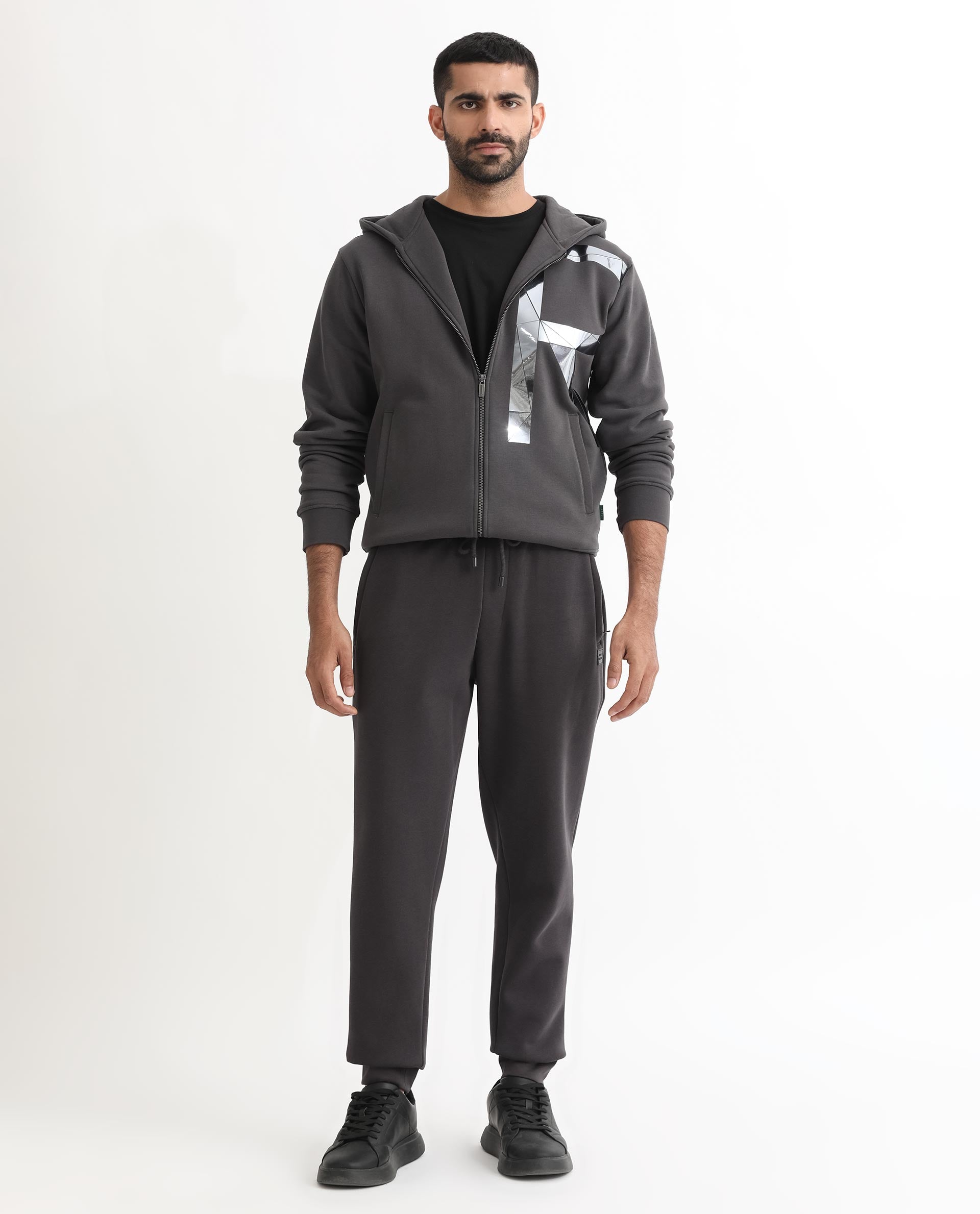 Rare Rabbit Men's Helna Dark Grey Cotton Polyester Fabric Drawstring Closure Regular Fit Mid Rise Trackpant