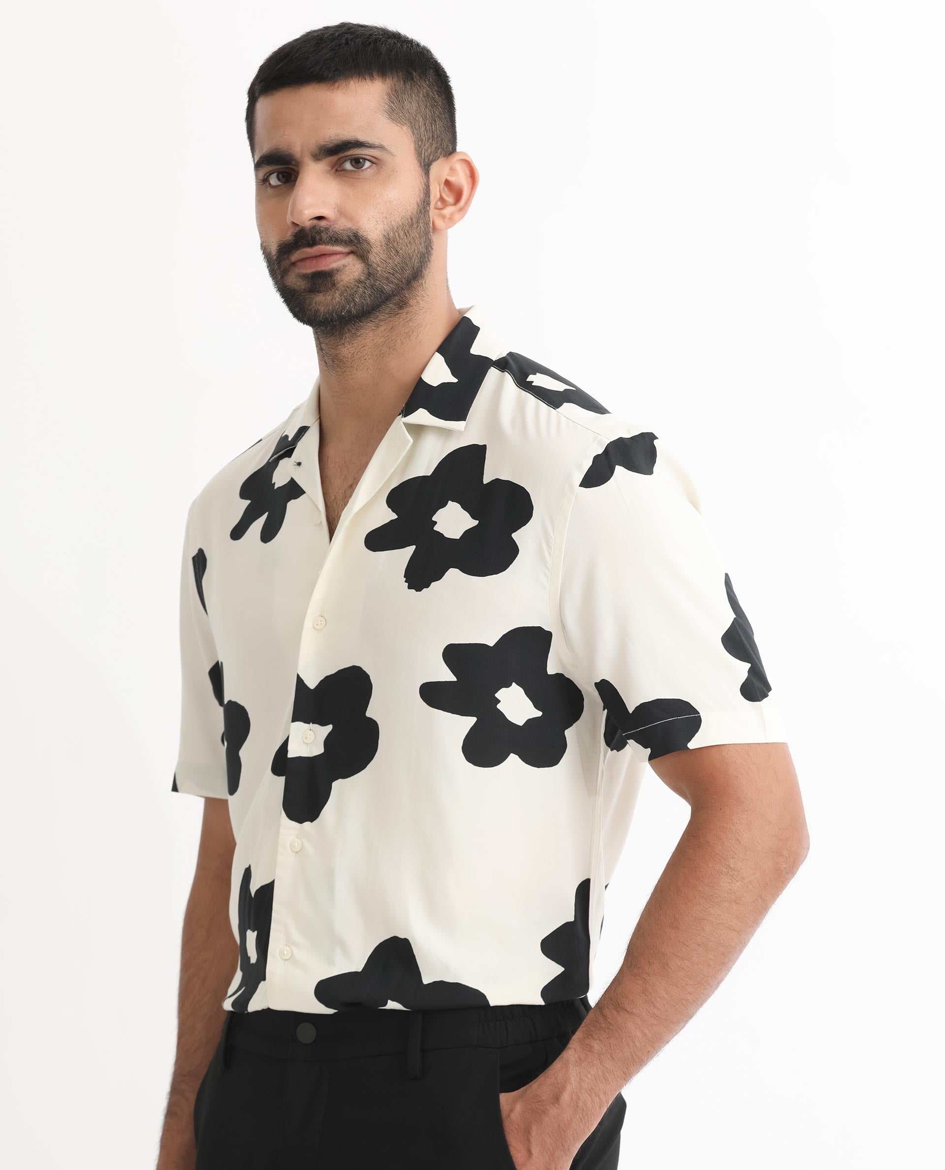 Rare Rabbit Men's Heming Beige Viscose Fabric Floral Print Half Sleeves Shirt