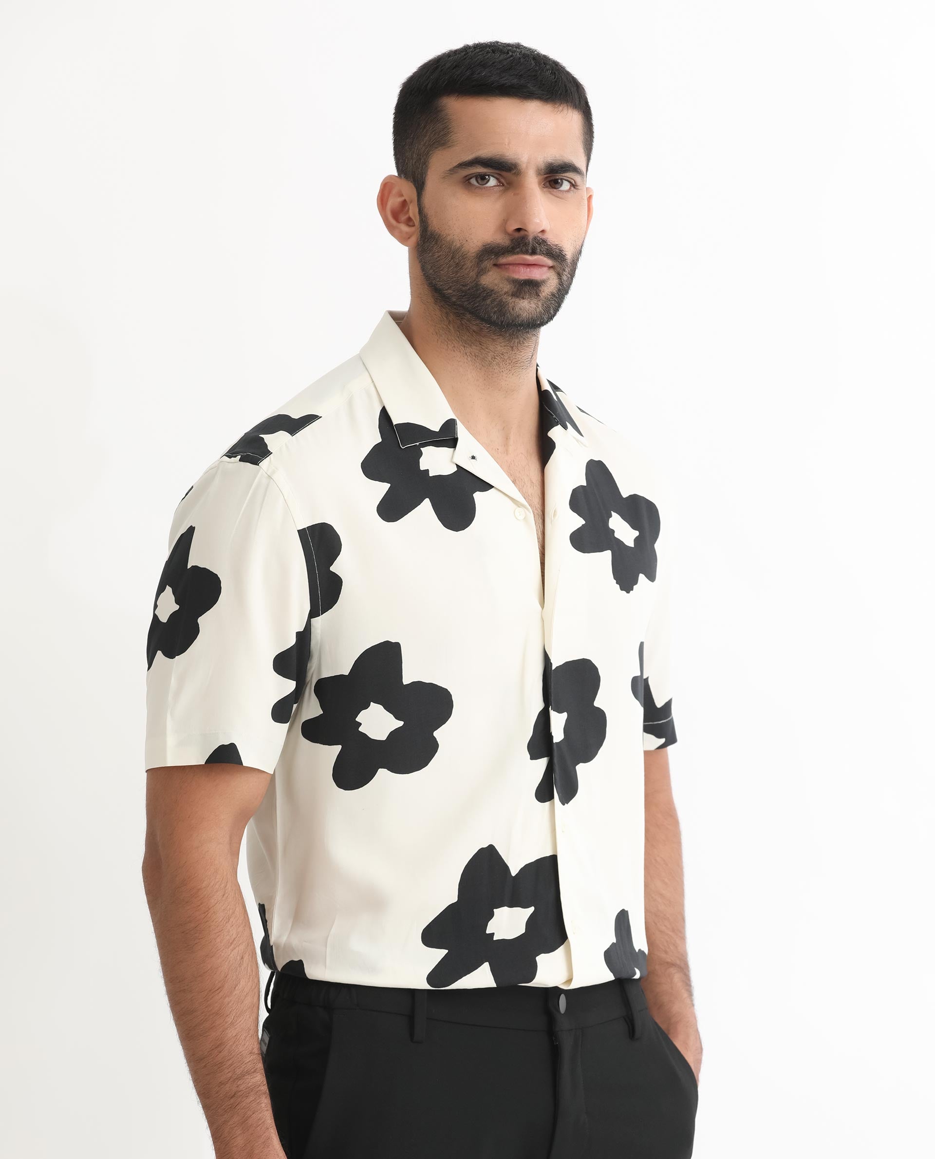 Rare Rabbit Men's Heming Beige Viscose Fabric Floral Print Half Sleeves Shirt