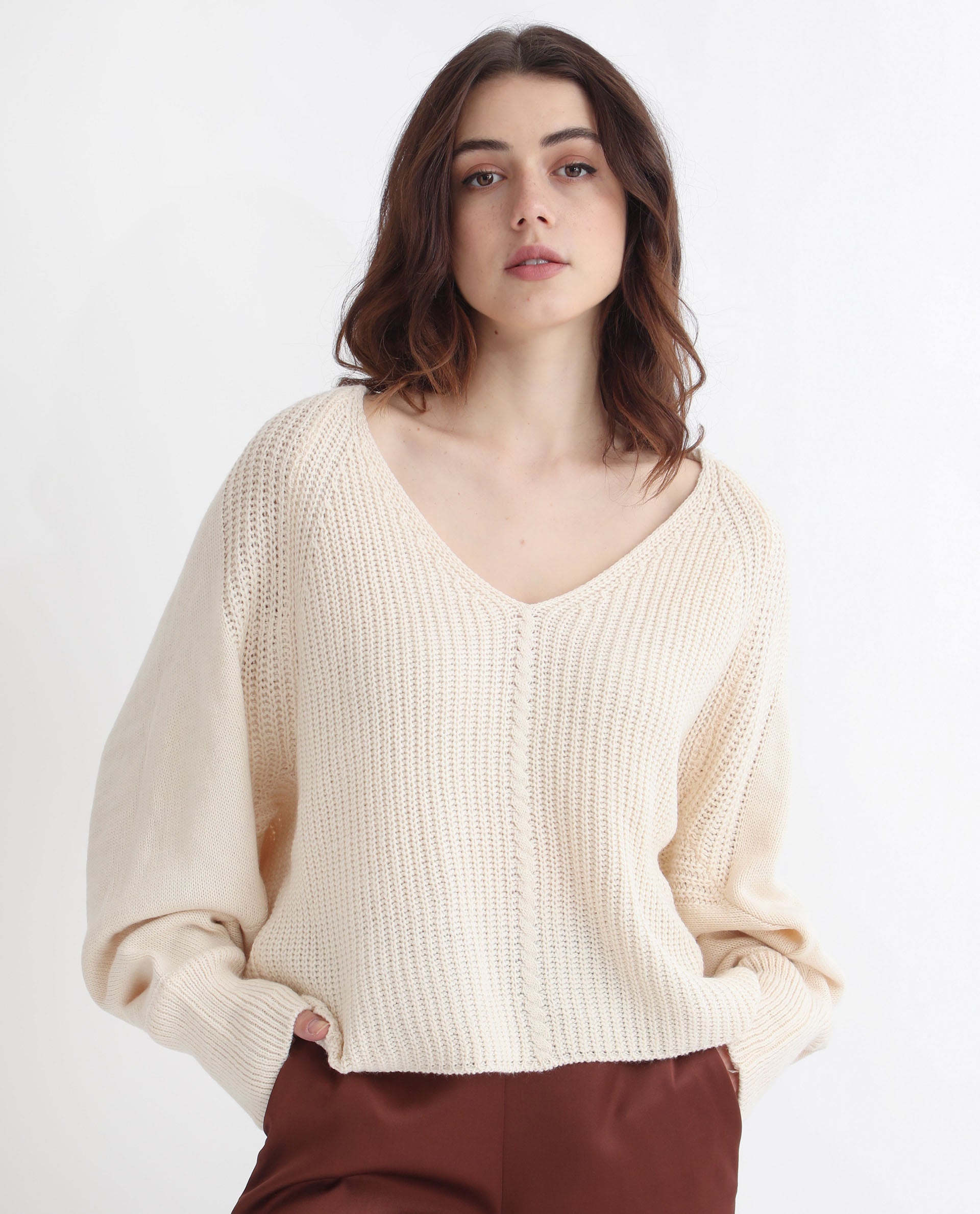 Rareism Women Henares Off White Acrylic Fabric Full Sleeves V-Neck Relaxed Fit Plain Sweater