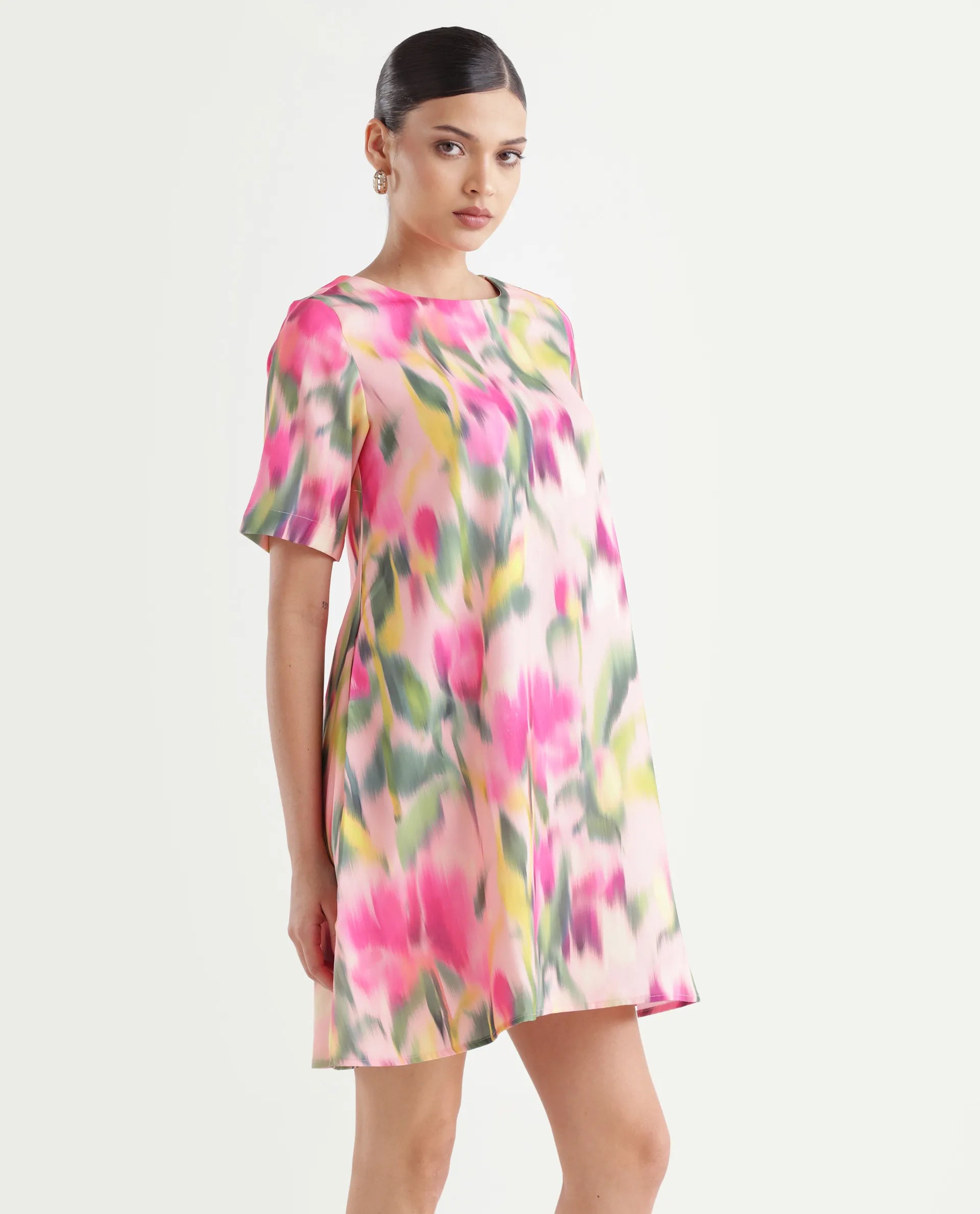 Rareism Women's Henkim Multi Polyester Blend Crew Neck Floral Print Mini A-Line Dress