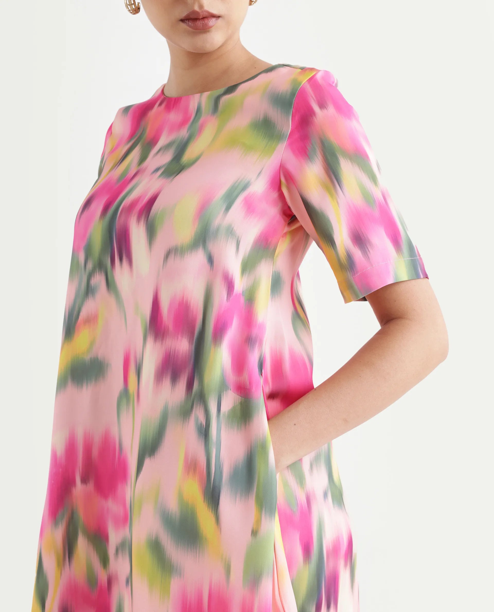 Rareism Women's Henkim Multi Polyester Blend Crew Neck Floral Print Mini A-Line Dress