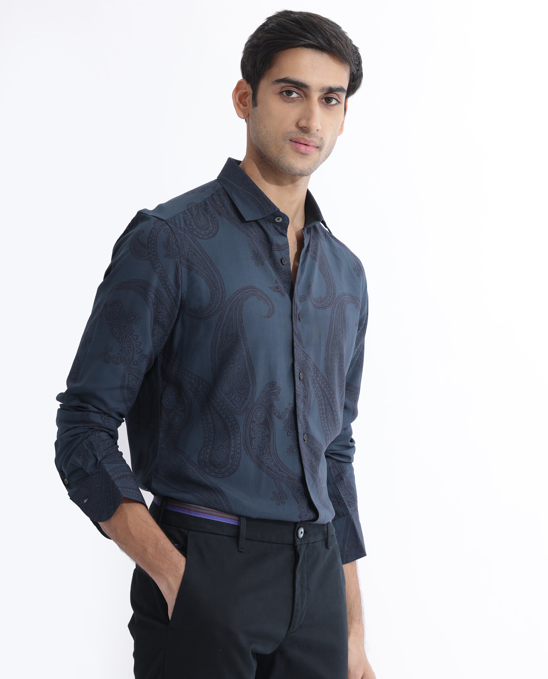 Rare Rabbit Men's Hera Blue Viscose Fabric Paisley Print Full Sleeves Shirt