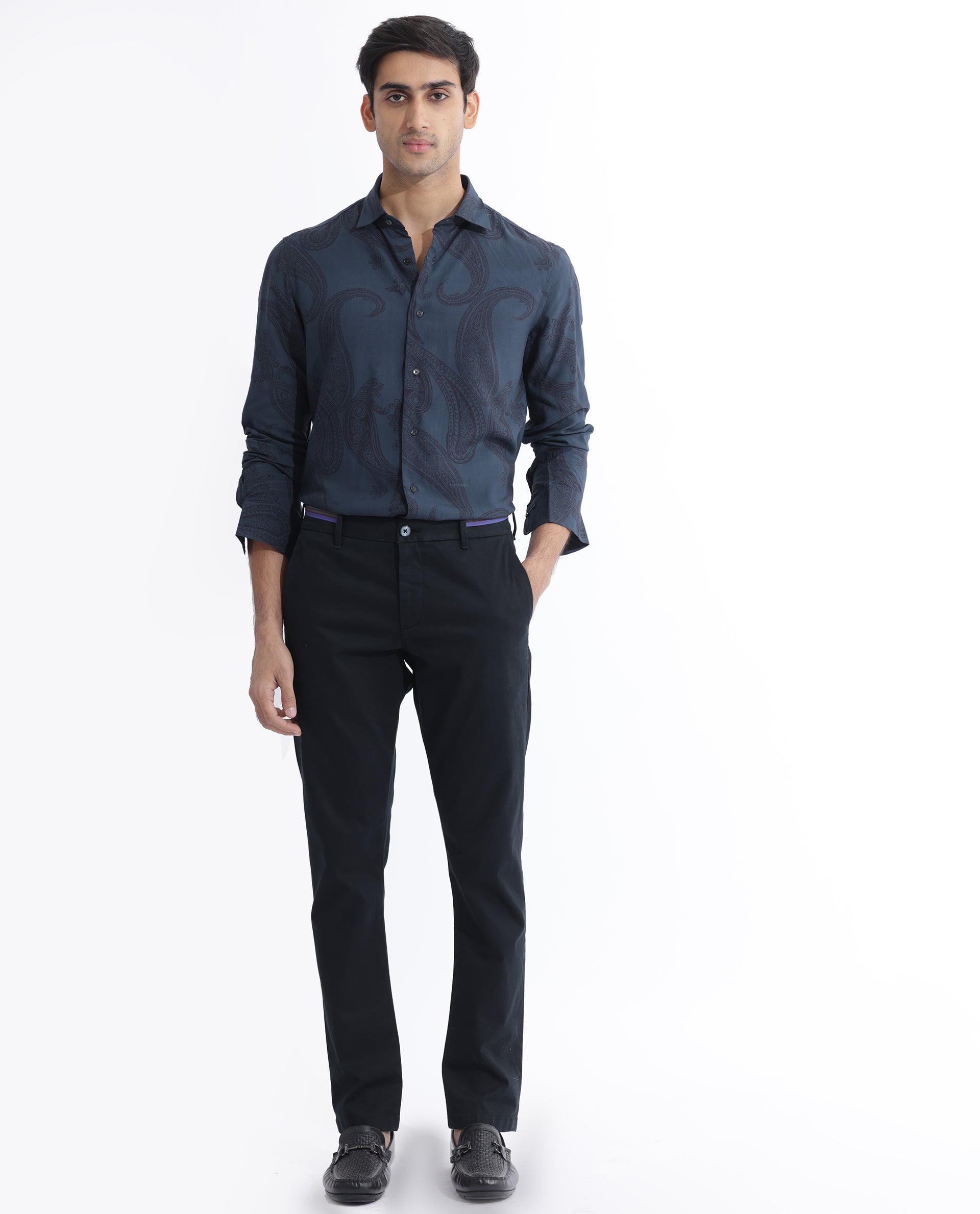 Rare Rabbit Men's Hera Blue Viscose Fabric Paisley Print Full Sleeves Shirt