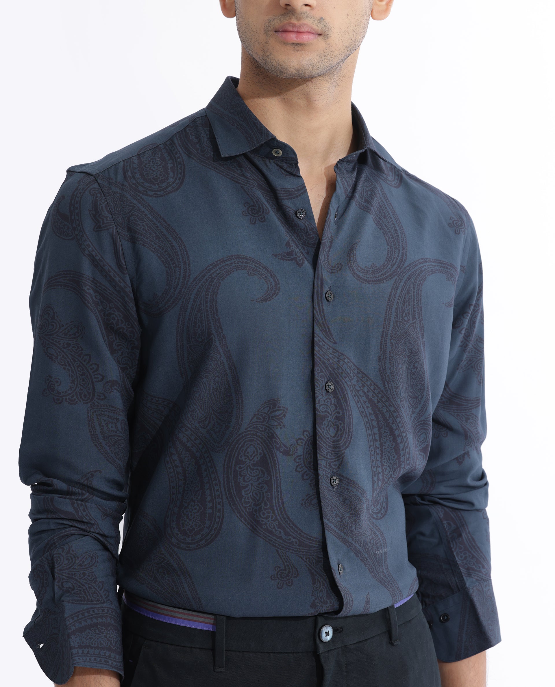Rare Rabbit Men's Hera Blue Viscose Fabric Paisley Print Full Sleeves Shirt
