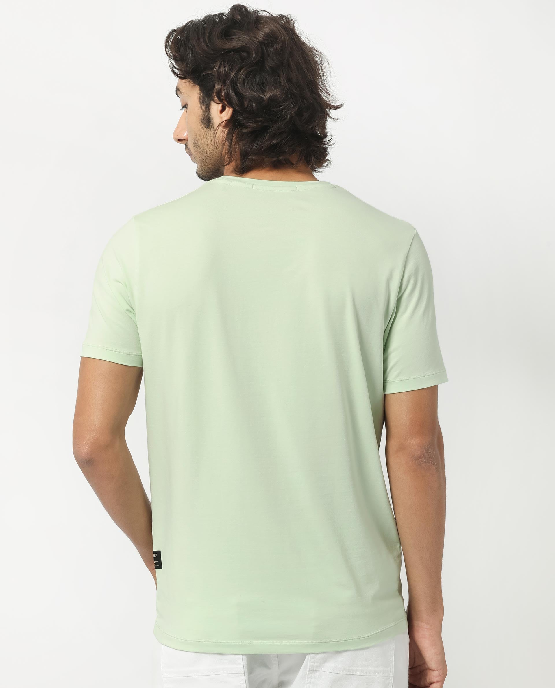 Rare Rabbit Men's Herald Light Green Crew Neck HD Print Logo and Branding Half Sleeves Regular Fit T-Shirt