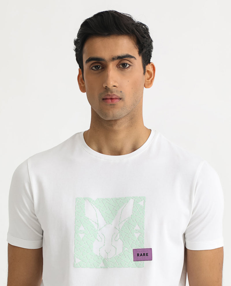 Rare Rabbit Men's Herald White Crew Neck HD Print Logo and Branding Half Sleeves T-Shirt