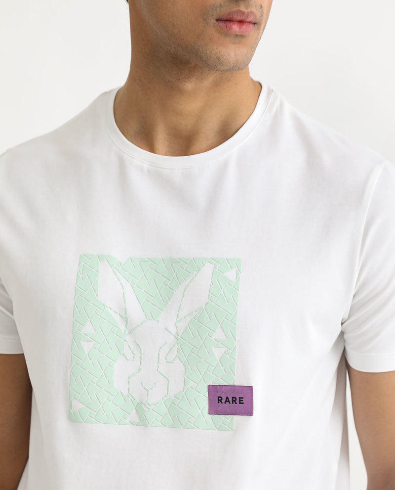 Rare Rabbit Men's Herald White Crew Neck HD Print Logo and Branding Half Sleeves T-Shirt