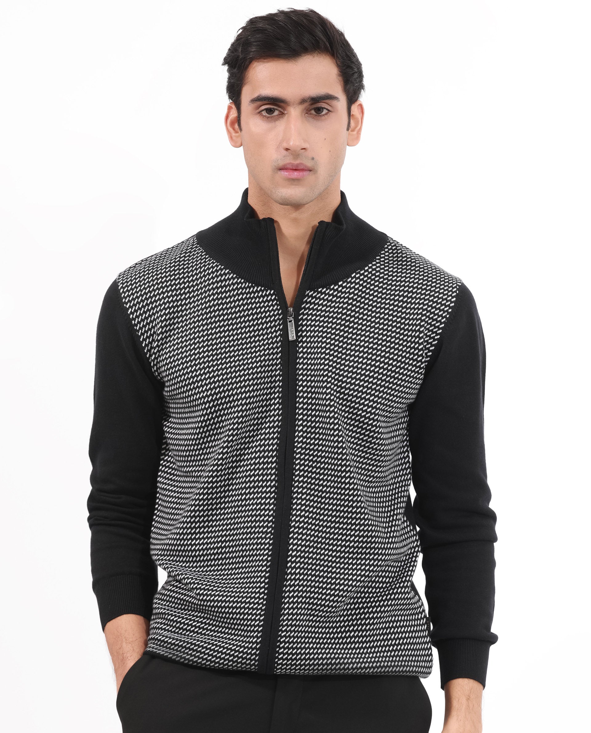 Rare Rabbit Mens Heritage Black Cotton Fabric Full Sleeve High Neck Jacquard Textured Sweater