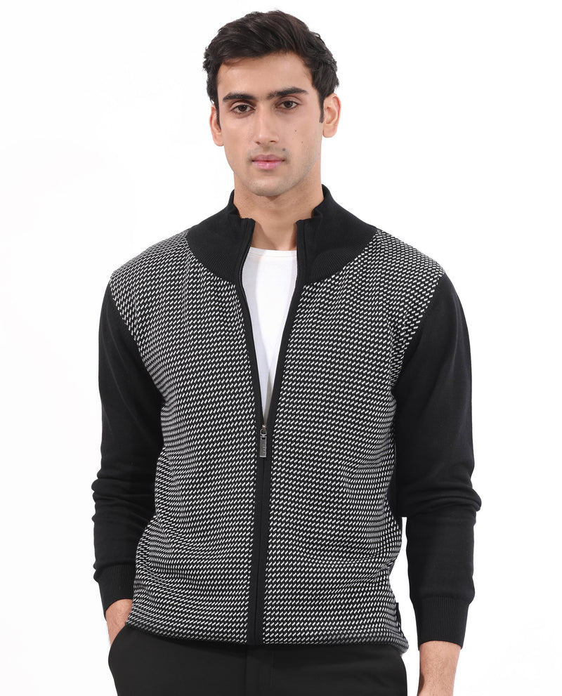 Rare Rabbit Mens Heritage Black Cotton Fabric Full Sleeve High Neck Jacquard Textured Sweater