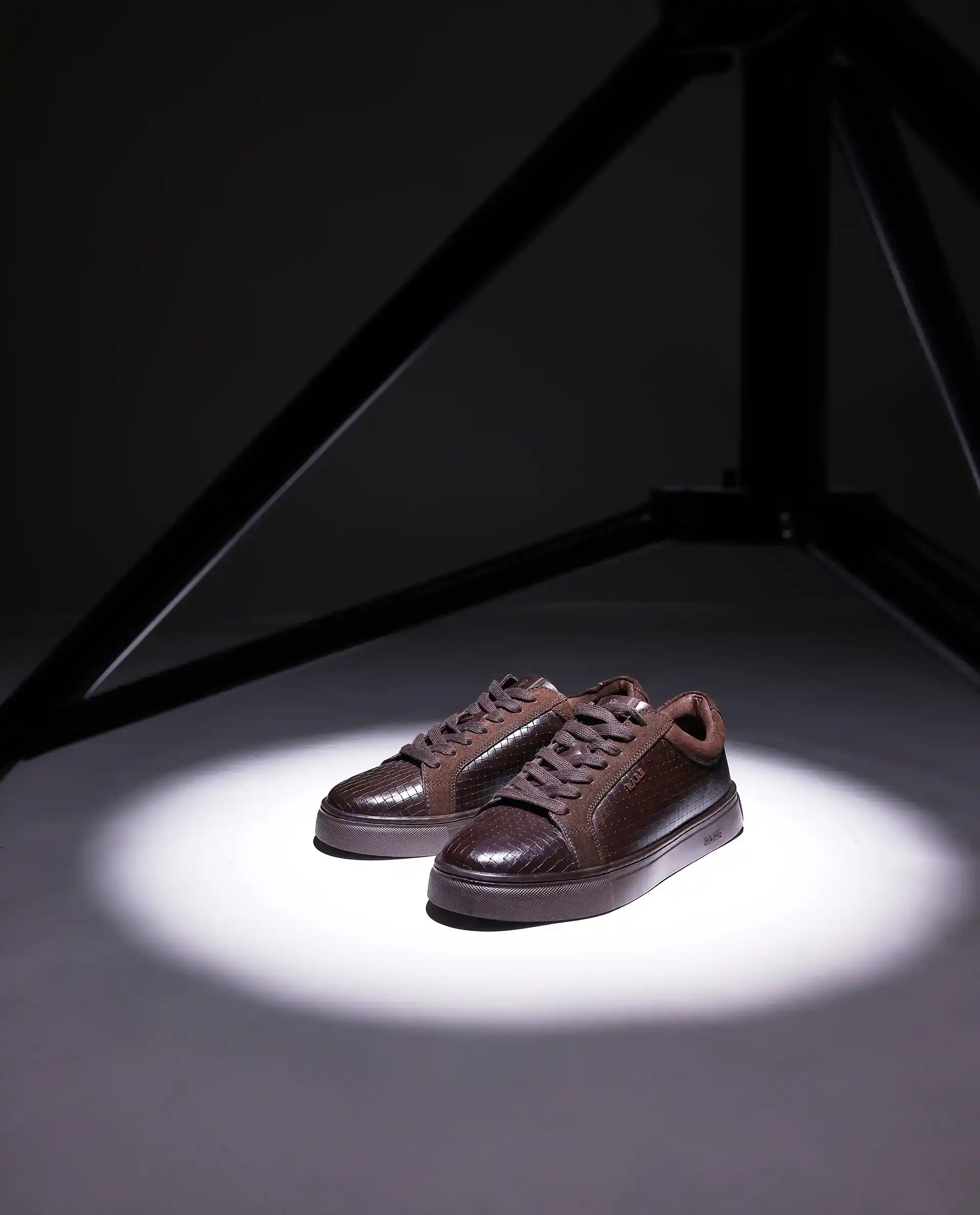 Rare Rabbit Men Herlock Brown Plated Genuine Leather with a Branded Metal Trim Low-Top Lace-Up Sneaker Shoes