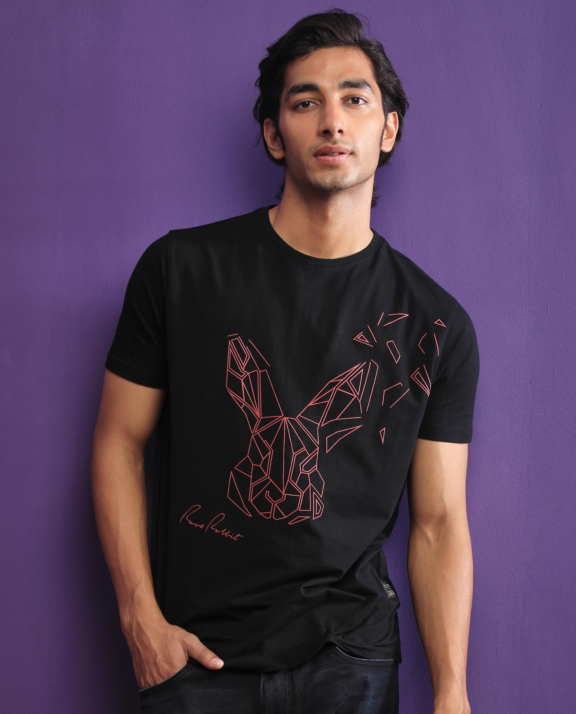 Rare Rabbit Mens Flames 2 Black Cotton Lycra Fabric Short Sleeves Crew Neck Slim Fit T-Shirt