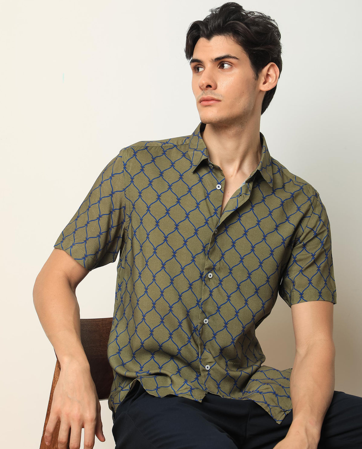 Rare Rabbit Men'S Beldon Olive Short Sleeves Collared Neck Slim Fit