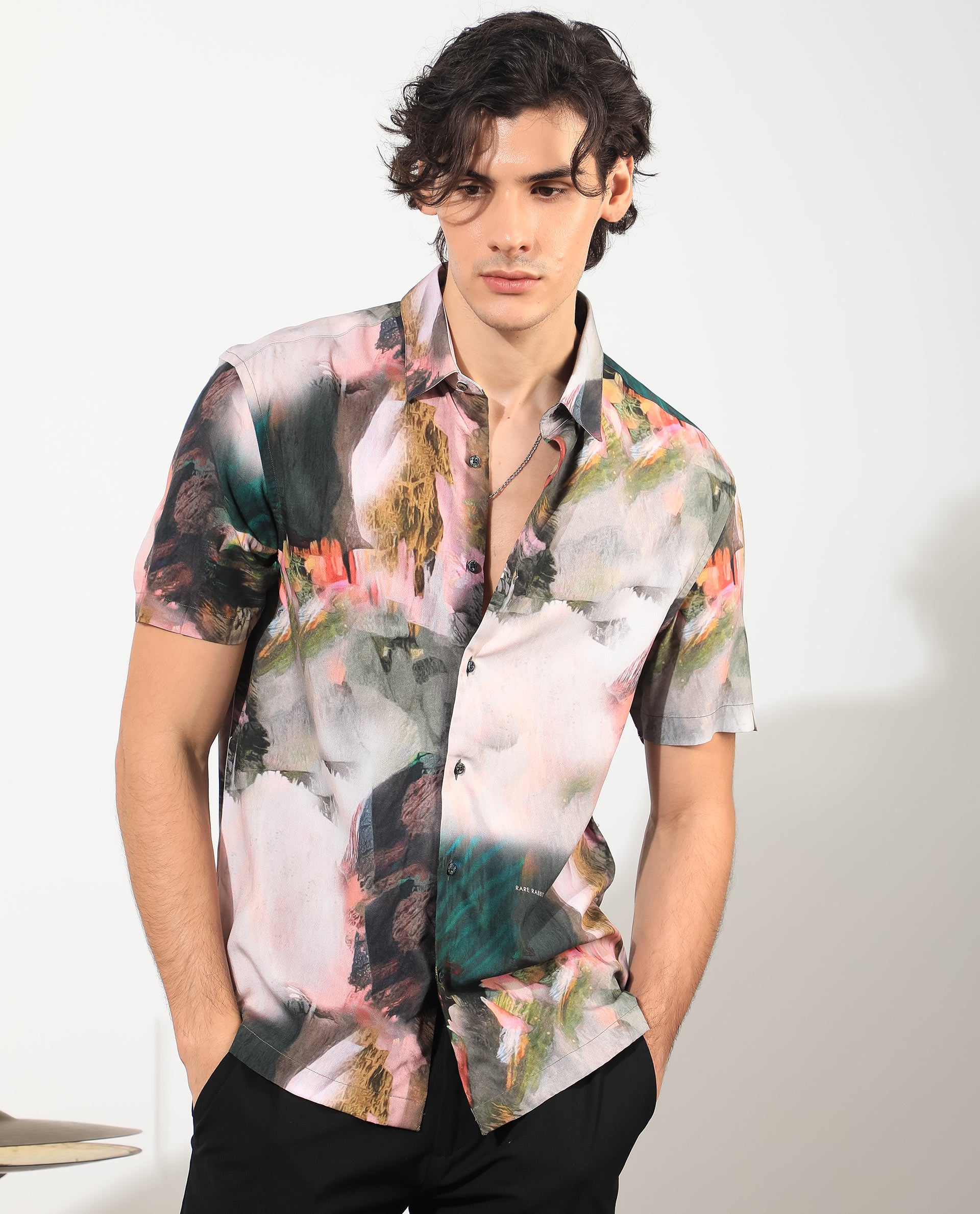 Rare Rabbit Men's Painter Green Viscose Fabric Half Sleeves Abstract Print Shirt