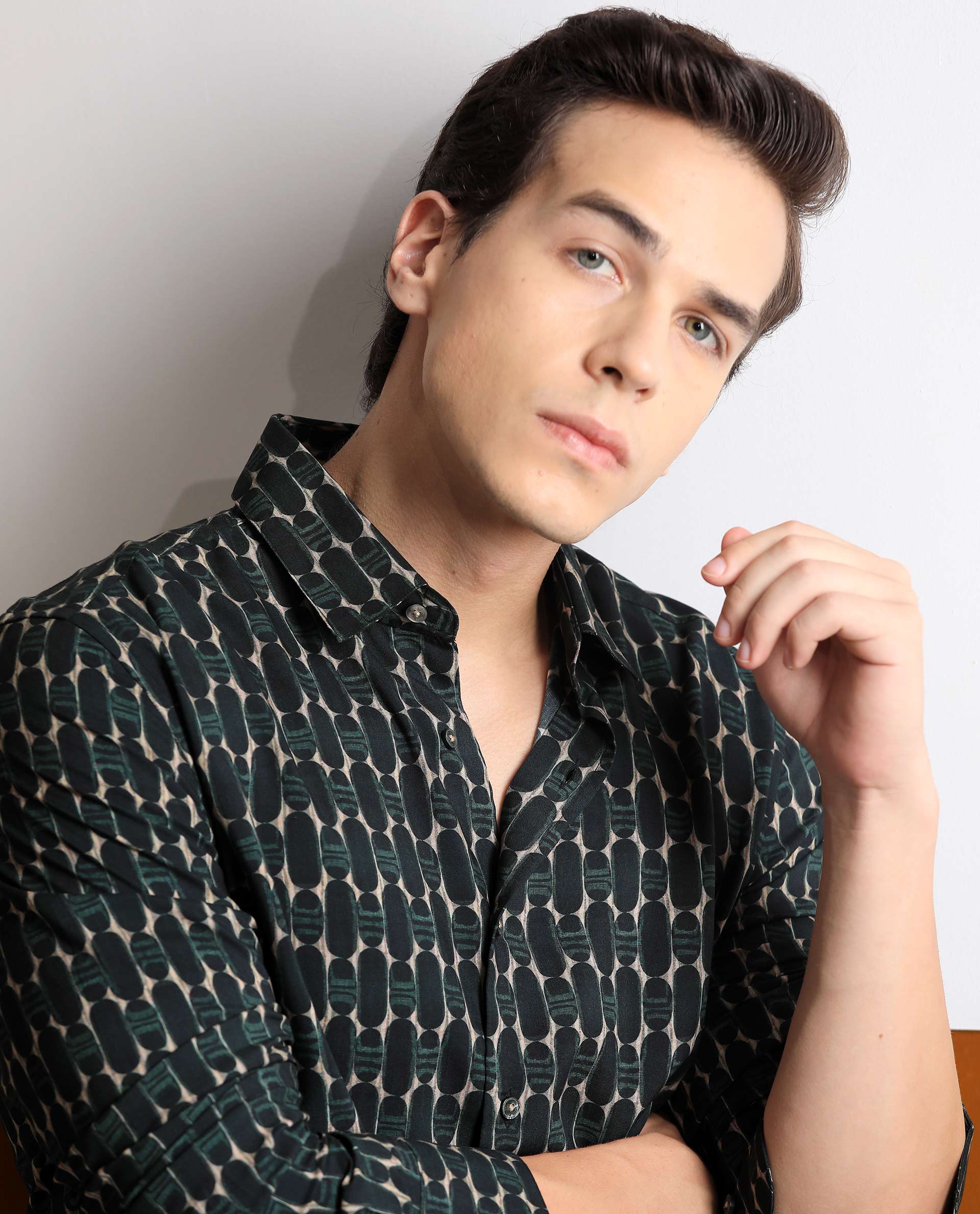 Rare Rabbit Mens Oliver Green Viscose Fabric Full Sleeves Slim Fit Geometric Print Shirt