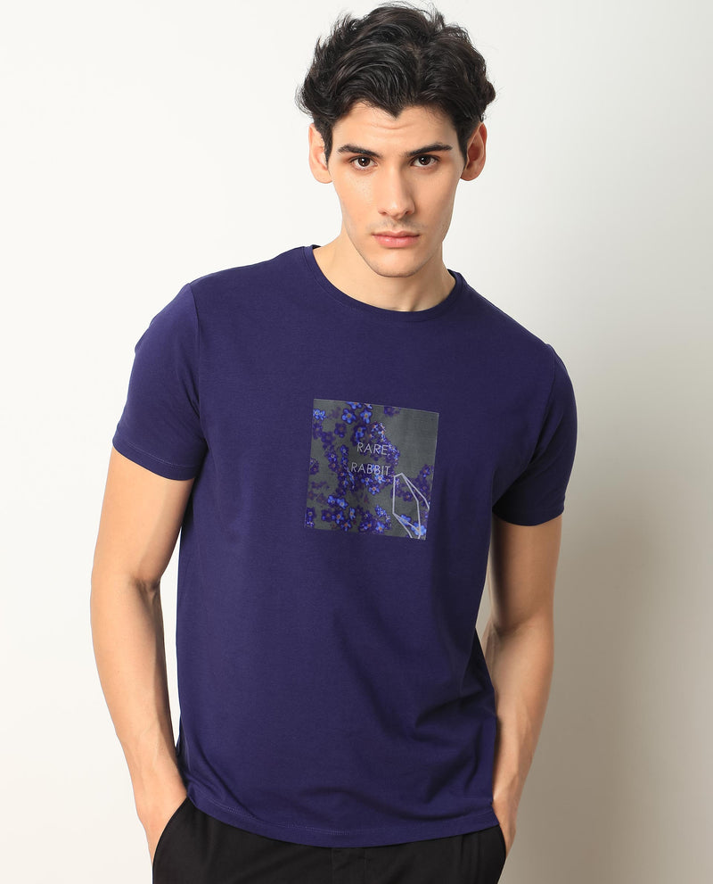 Rare Rabbit Men's Capri Purple Crew Neck Graphic Printed Half Sleeves Slim Fit T-Shirt