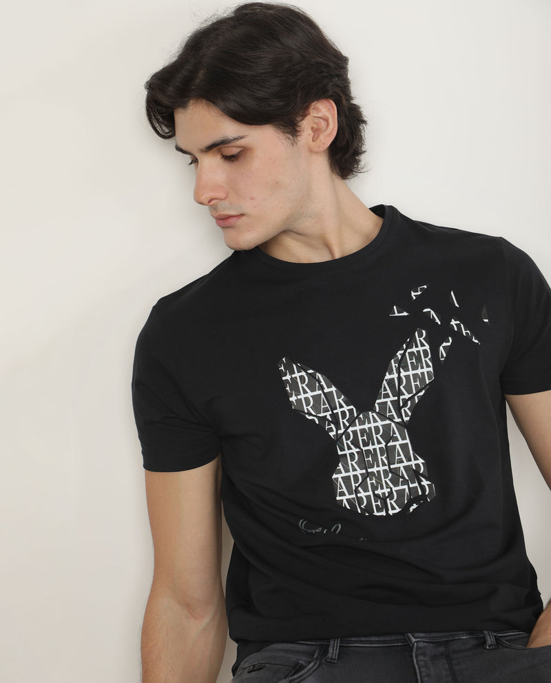 Rare Rabbit Men's Lassoo Grey Crew Neck Graphic Printed Half Sleeves Slim Fit T-Shirt