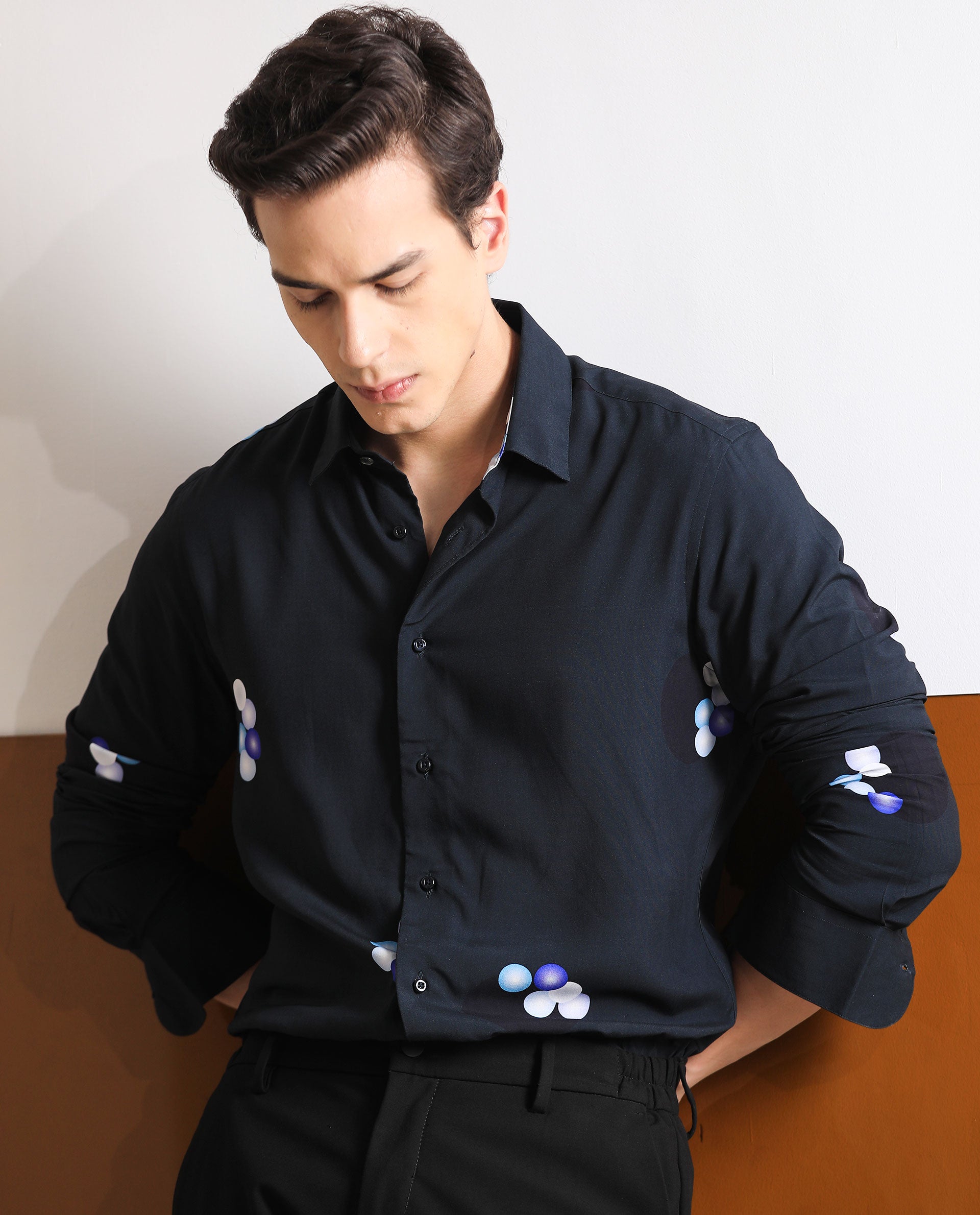 Rare Rabbit Men's Amber Dark Petrol Viscose Fabric Abstract Print Full Sleeves Shirt