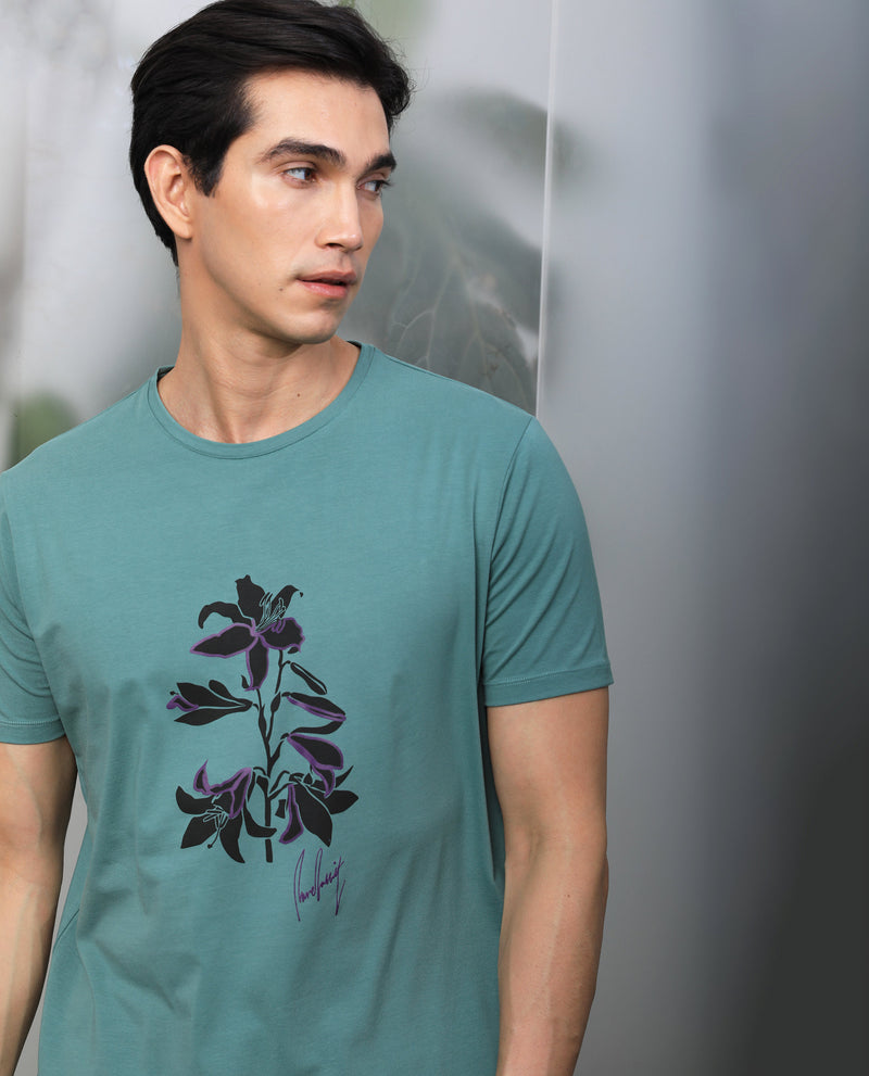 Rare Rabbit Men's Macc Dusky Green Crew Neck Botanical Printed Half Sleeves Slim Fit T-Shirt