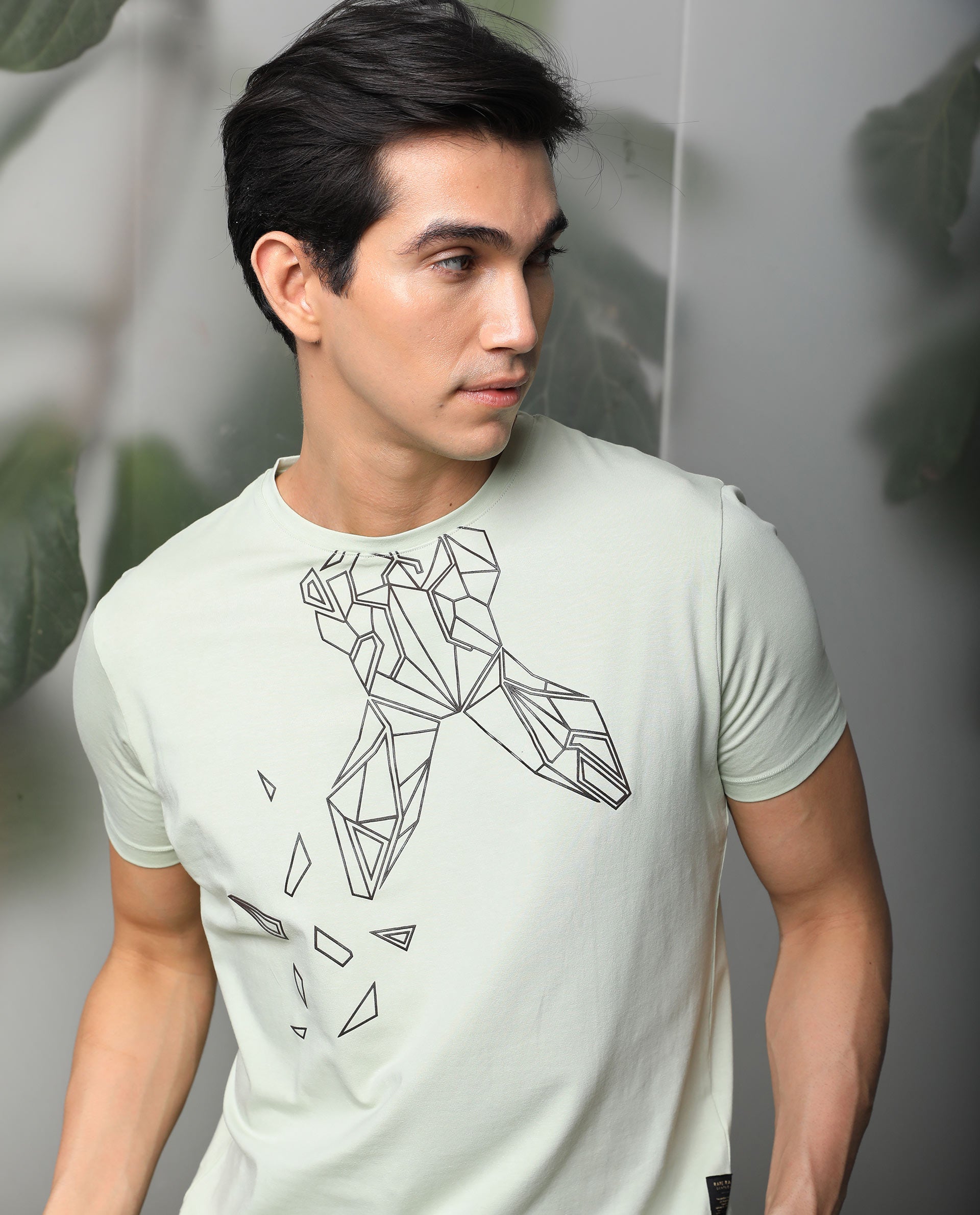 Rare Rabbit Men's Loginn Olive Crew Neck HD Print Logo Half Sleeves Regular Fit T-Shirt