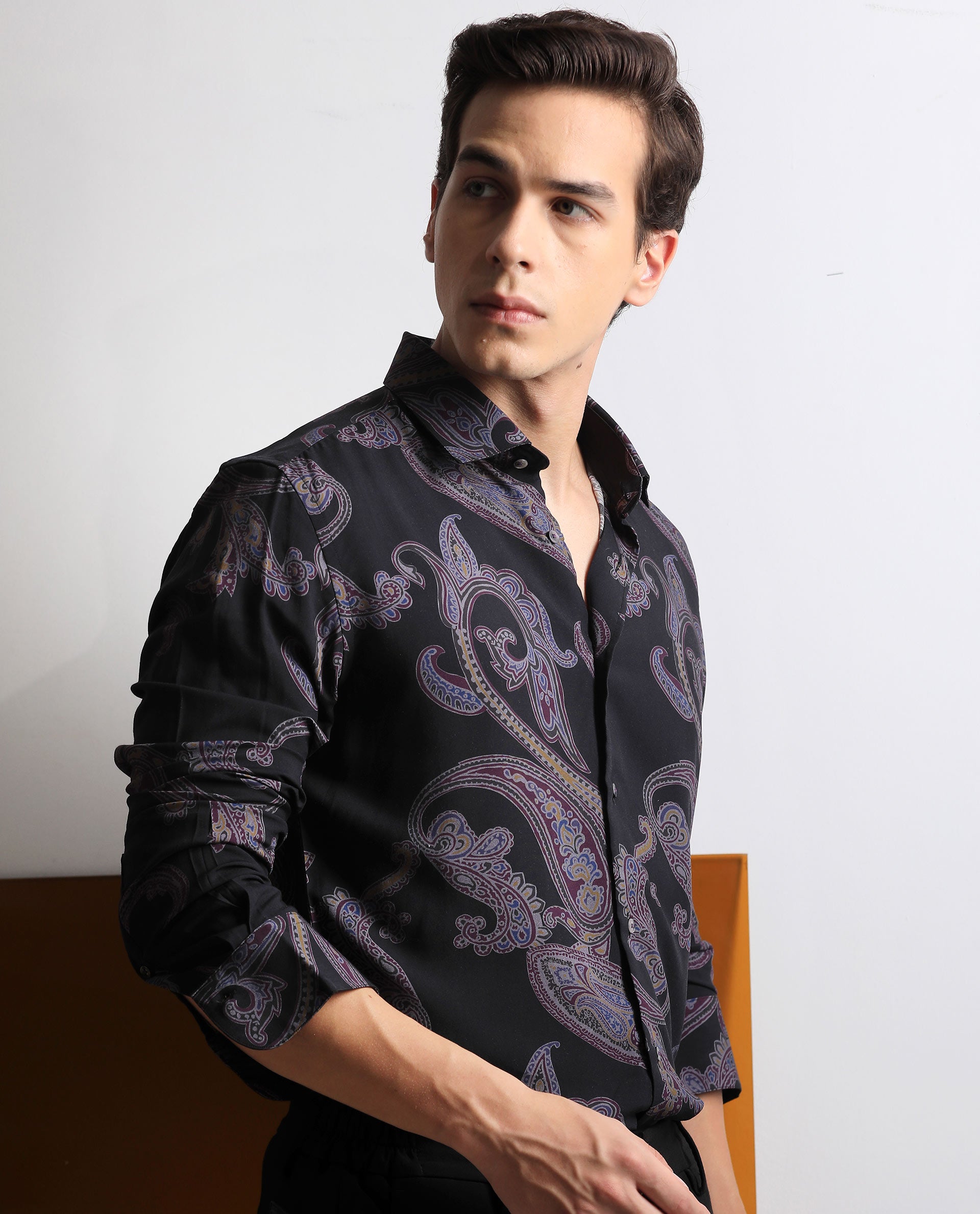 Rare Rabbit Men's Zeus Black Viscose Fabric Full Sleeves Paisley Print Shirt