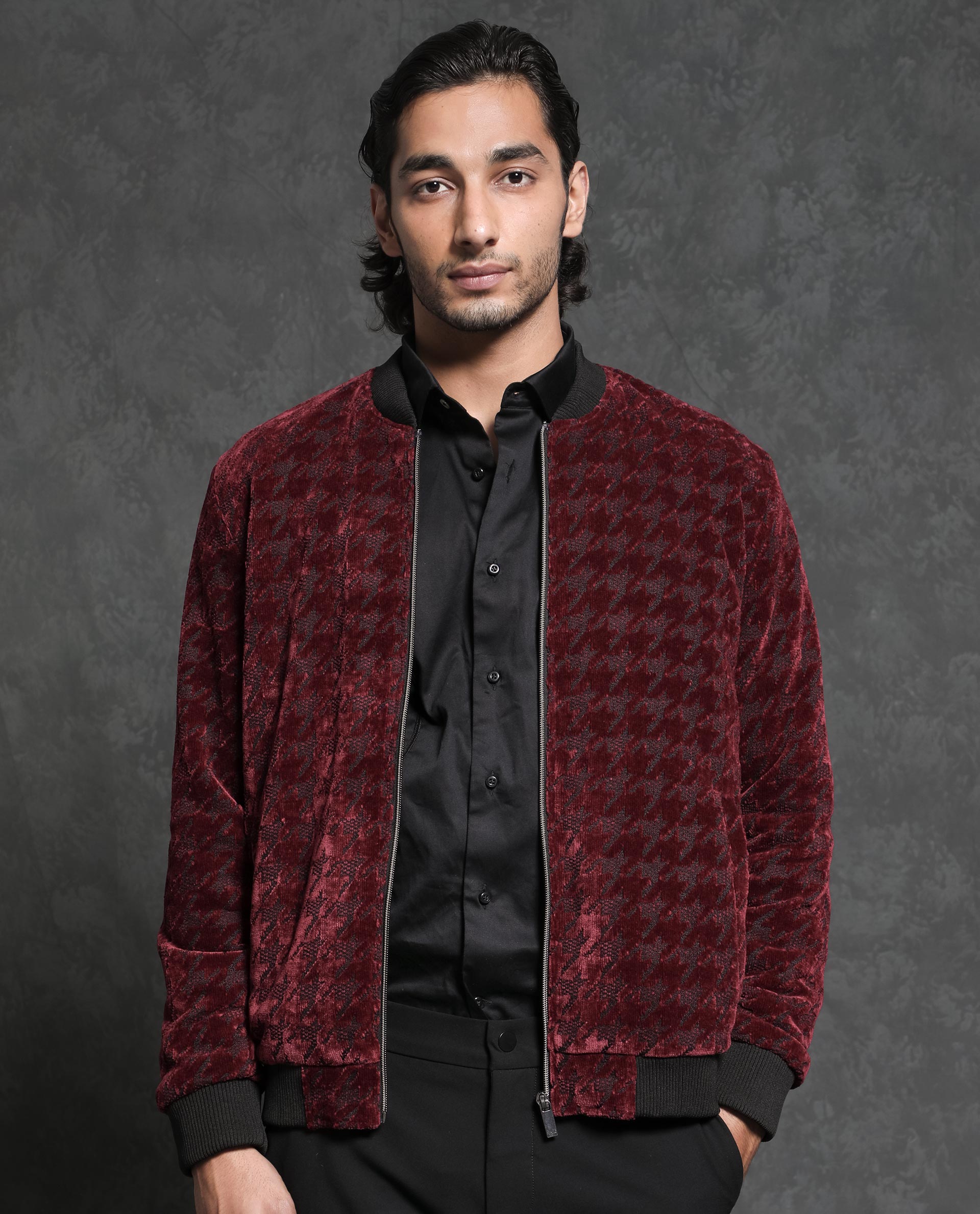 Mens red hotsell velvet bomber jacket