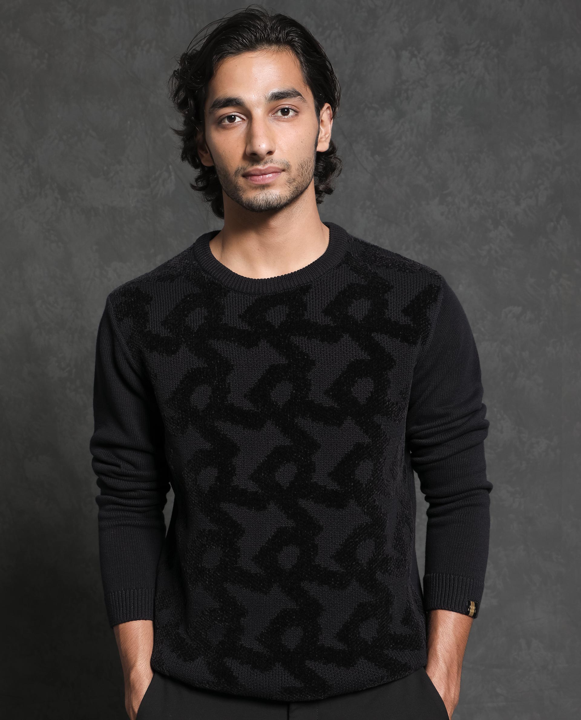 Rare Rabbit Mens Fink Black Cotton Polyester Fabric Crew Neck Relaxed Fit Monogram Jacquard Sweater