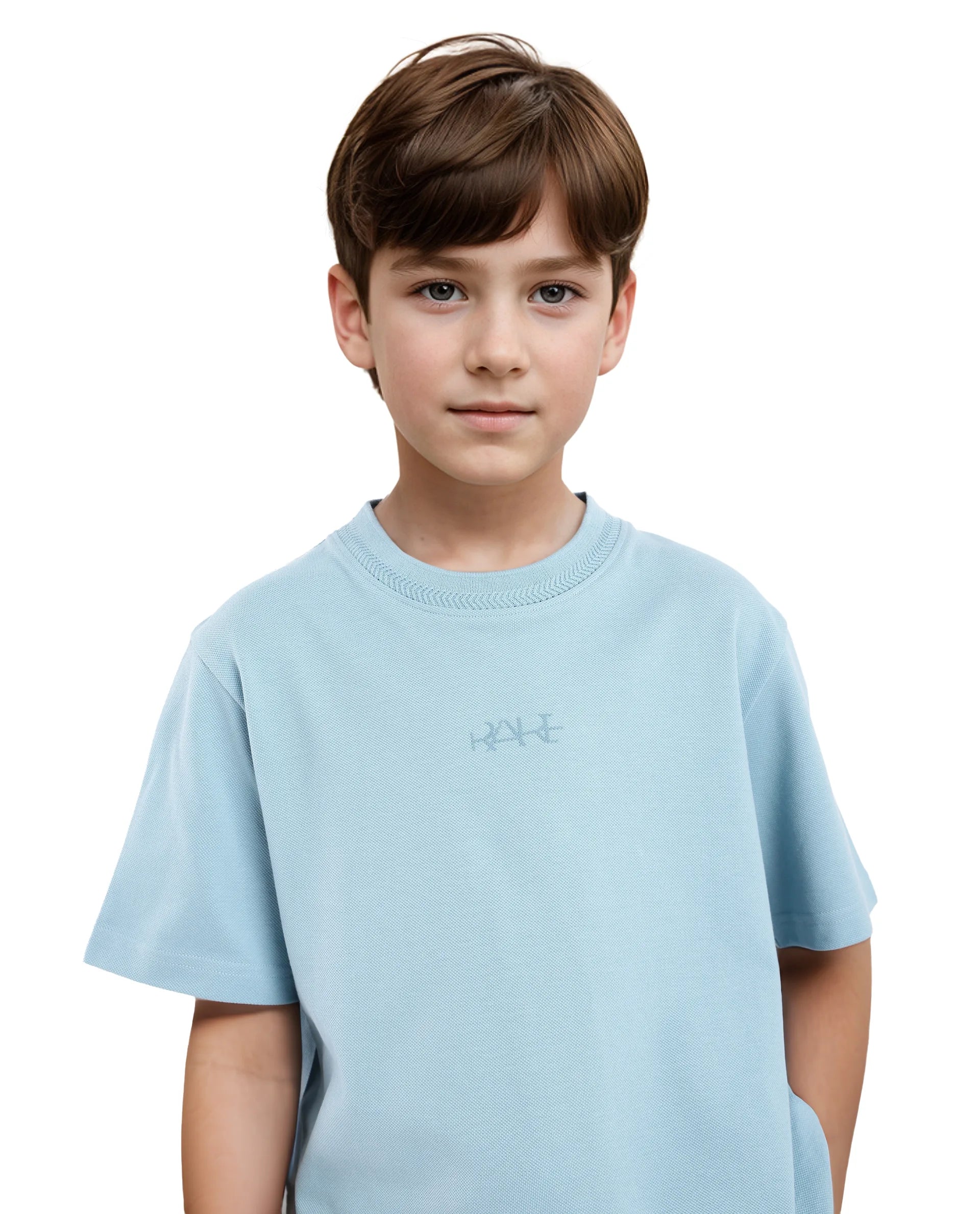 Rare Ones Kids Heron Light Blue Cotton Fabric Half Sleeves Crew Neck Embroidered T-Shirt