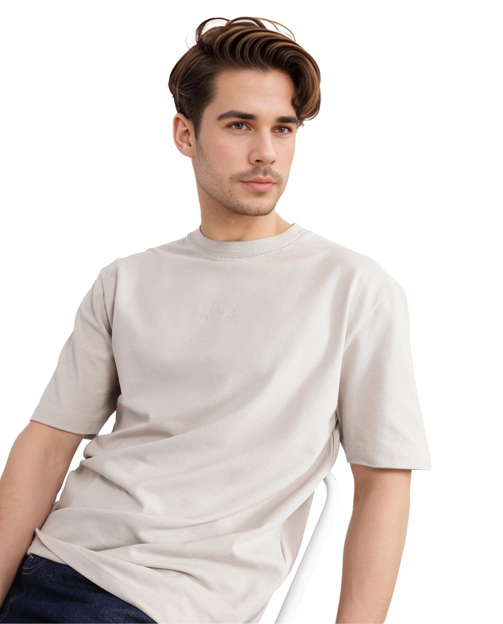 Rare Rabbit Men's Heros-2 Beige Cotton Lycra Fabric Short Sleeve Crew Neck Oversized Fit Plain T-Shirt