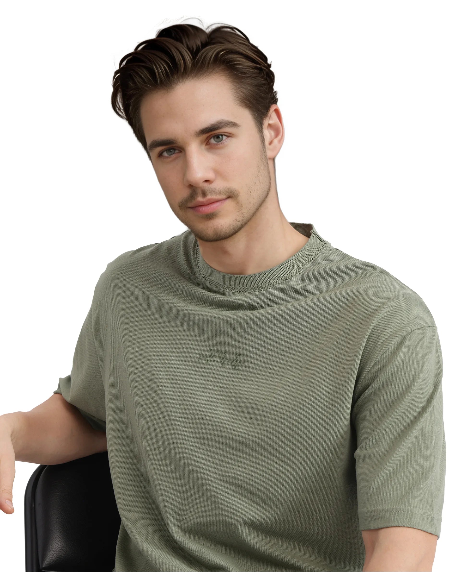 Rare Rabbit Men's Heros-2 Dusky Green Cotton Lycra Fabric Short Sleeve Crew Neck Oversized Fit Plain T-Shirt