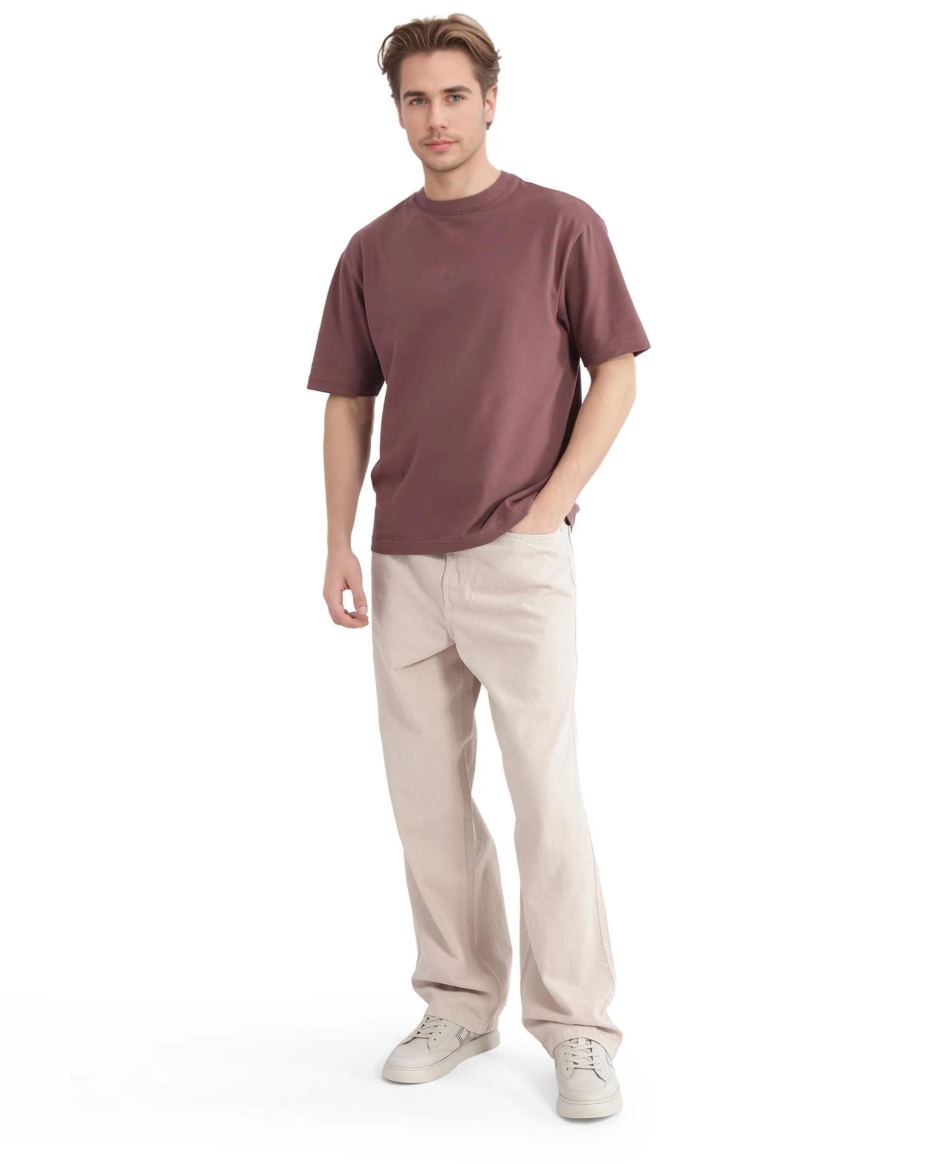 Rare Rabbit Men's Heros-2 Dusky Maroon Cotton Lycra Fabric Short Sleeve Crew Neck Oversized Fit Plain T-Shirt