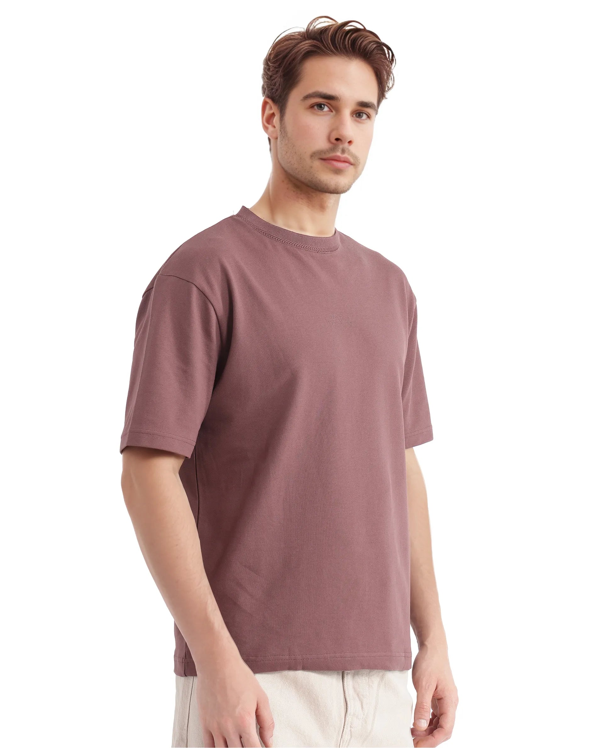Rare Rabbit Men's Heros-2 Dusky Maroon Cotton Lycra Fabric Short Sleeve Crew Neck Oversized Fit Plain T-Shirt