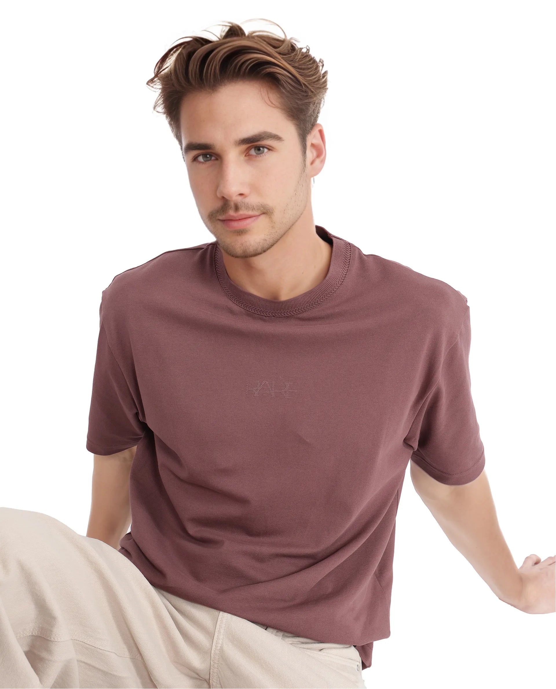 Rare Rabbit Men's Heros-2 Dusky Maroon Cotton Lycra Fabric Short Sleeve Crew Neck Oversized Fit Plain T-Shirt